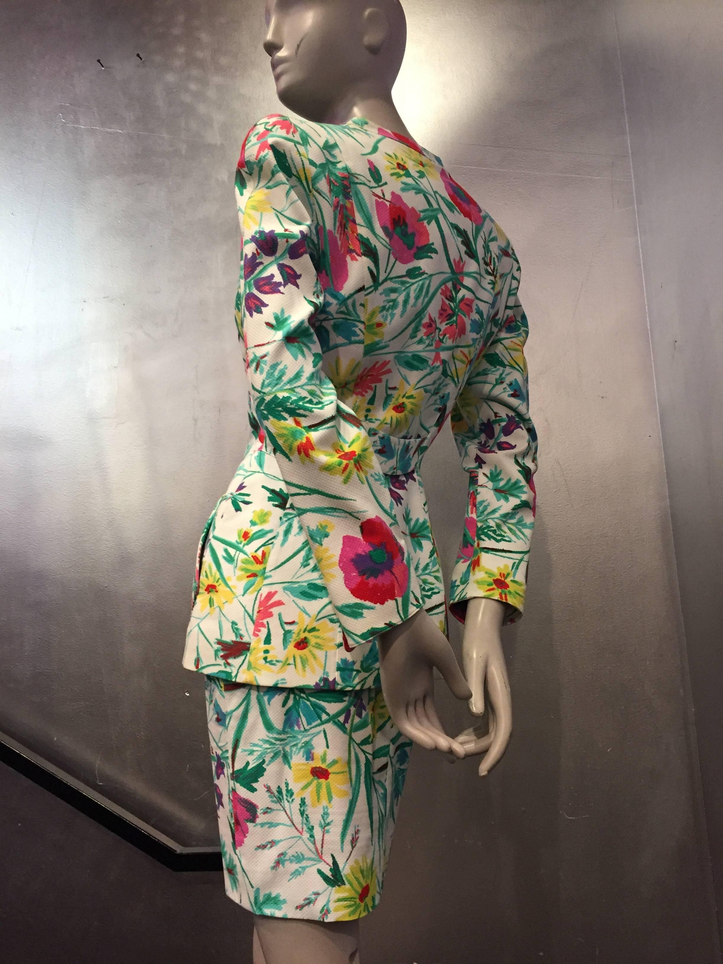 Women's 1980s Thierry Mugler 3-Piece Floral Print Sculptured Mini Skirt Suit w Blouse