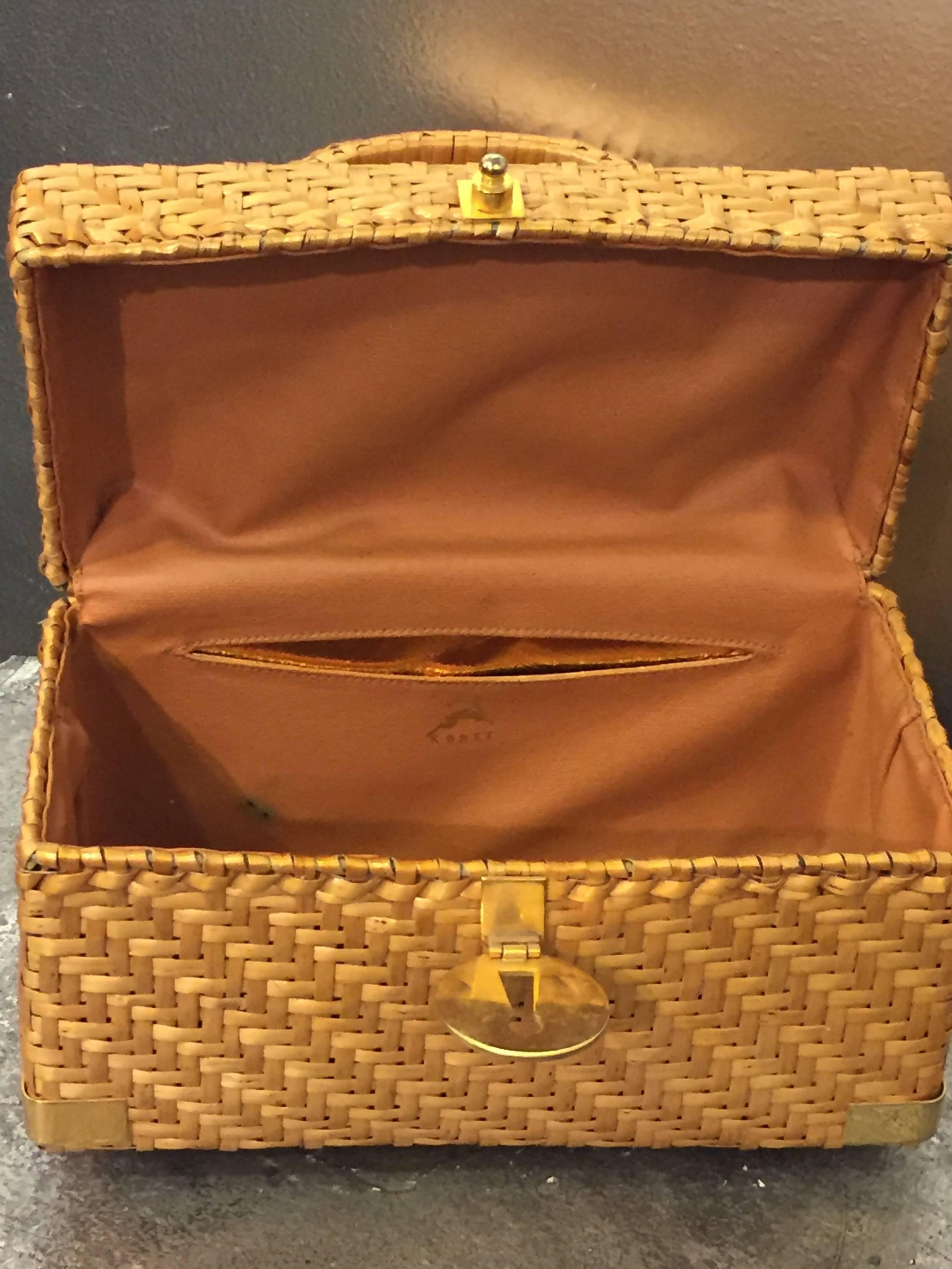 1960's Koret Golden Wicker Box Bag w/ Gold Hardware  1