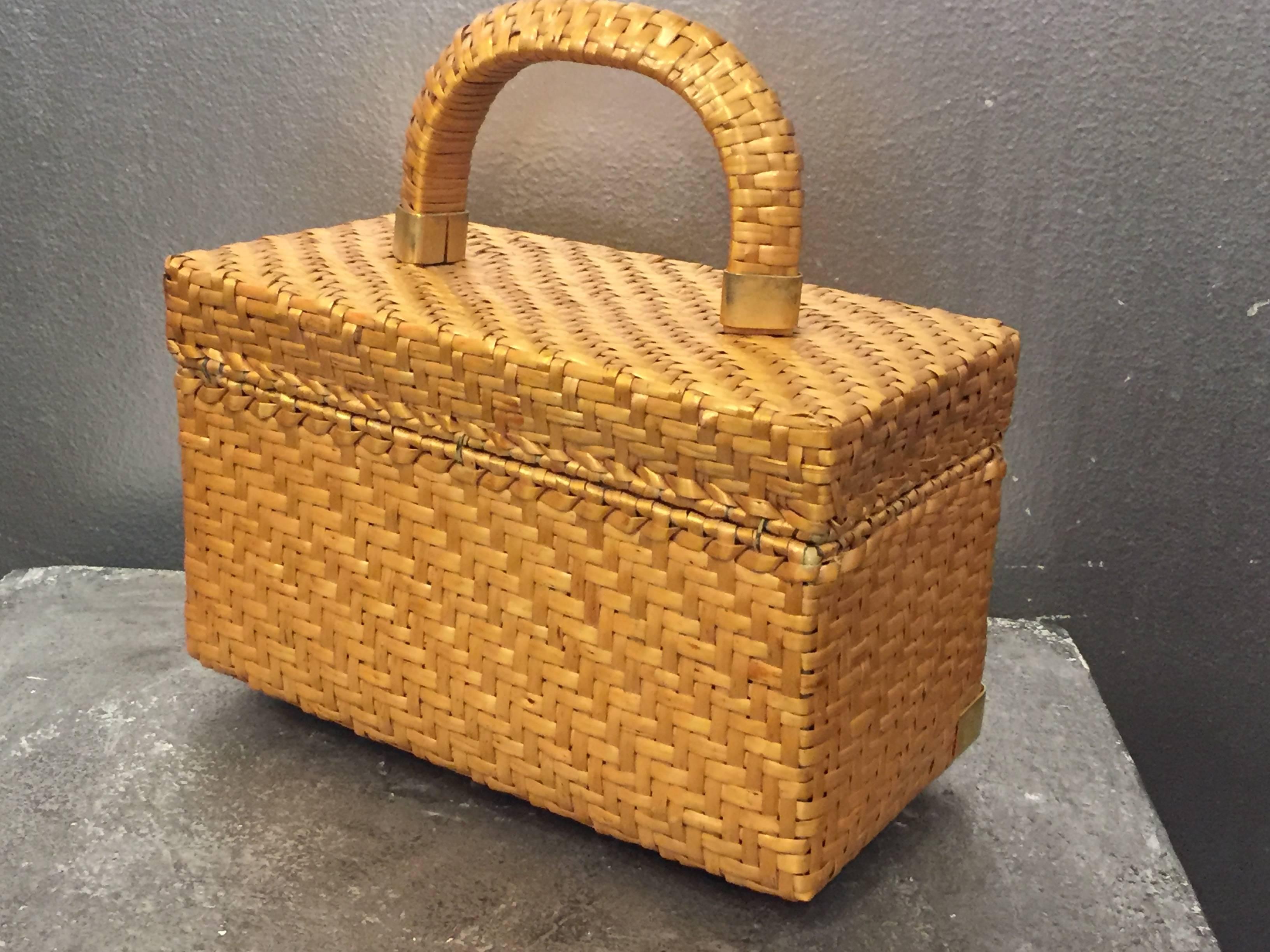 Brown 1960's Koret Golden Wicker Box Bag w/ Gold Hardware 