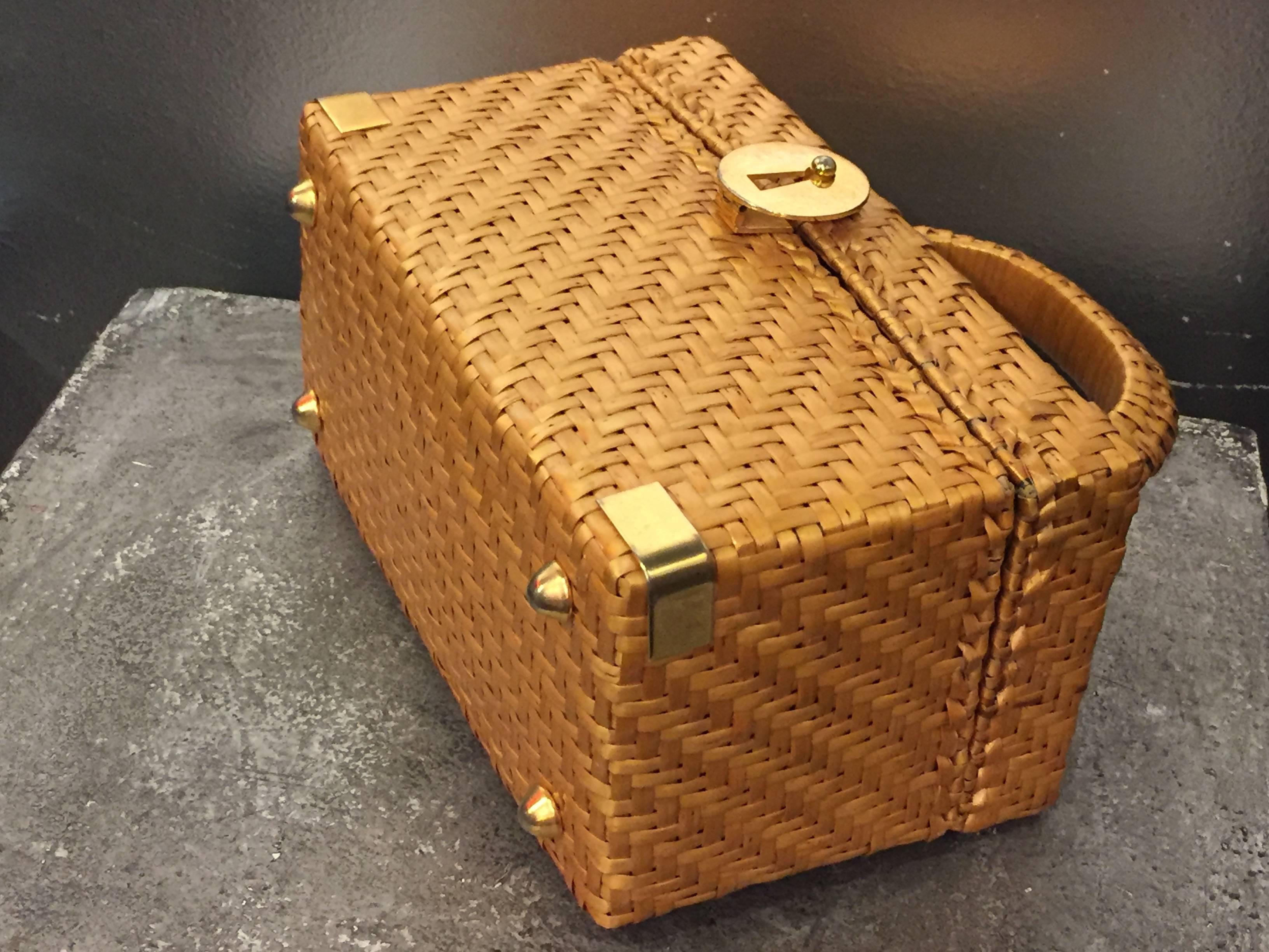 Women's 1960's Koret Golden Wicker Box Bag w/ Gold Hardware 