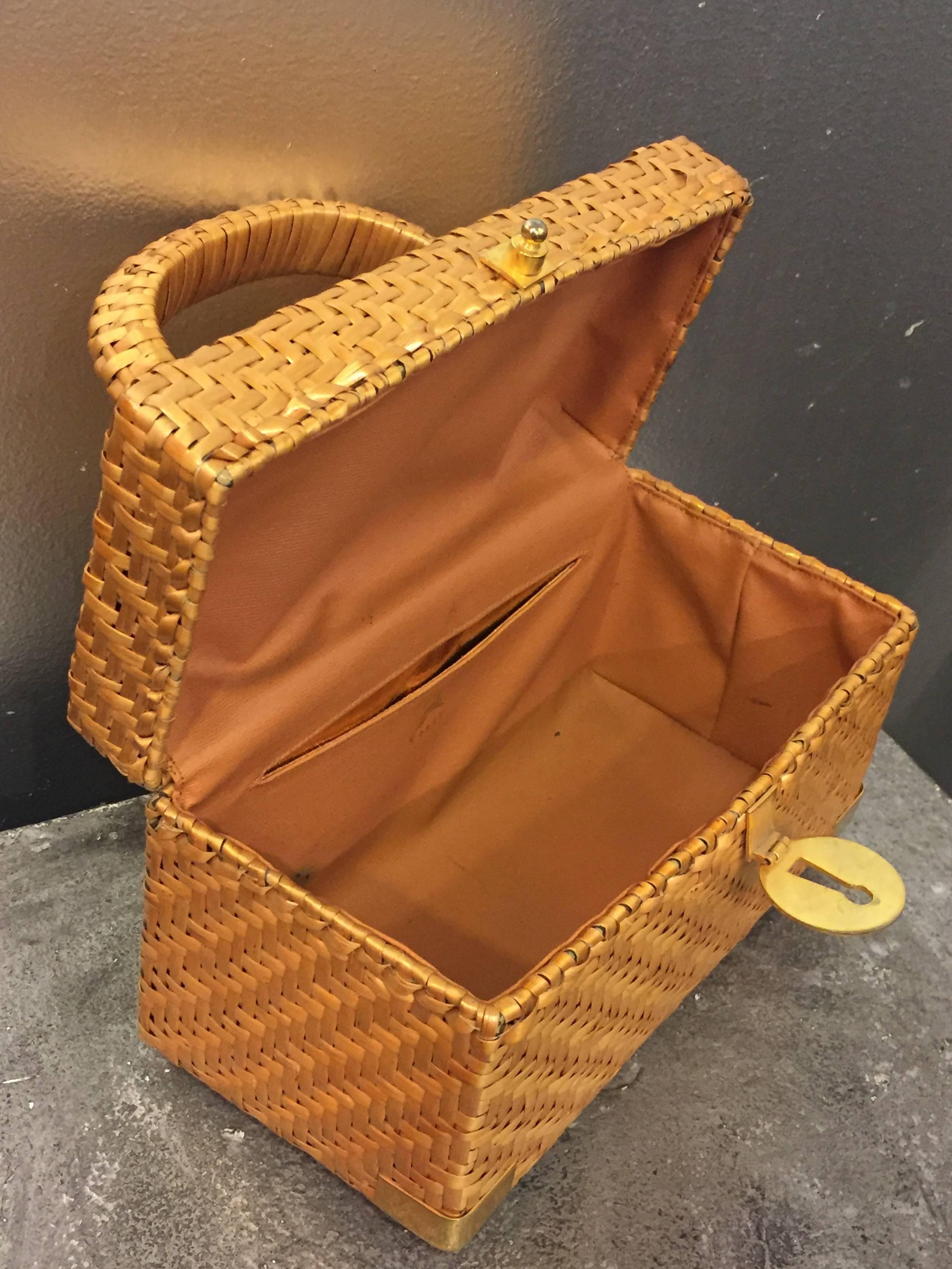 1960's Koret Golden Wicker Box Bag w/ Gold Hardware In Excellent Condition In Gresham, OR