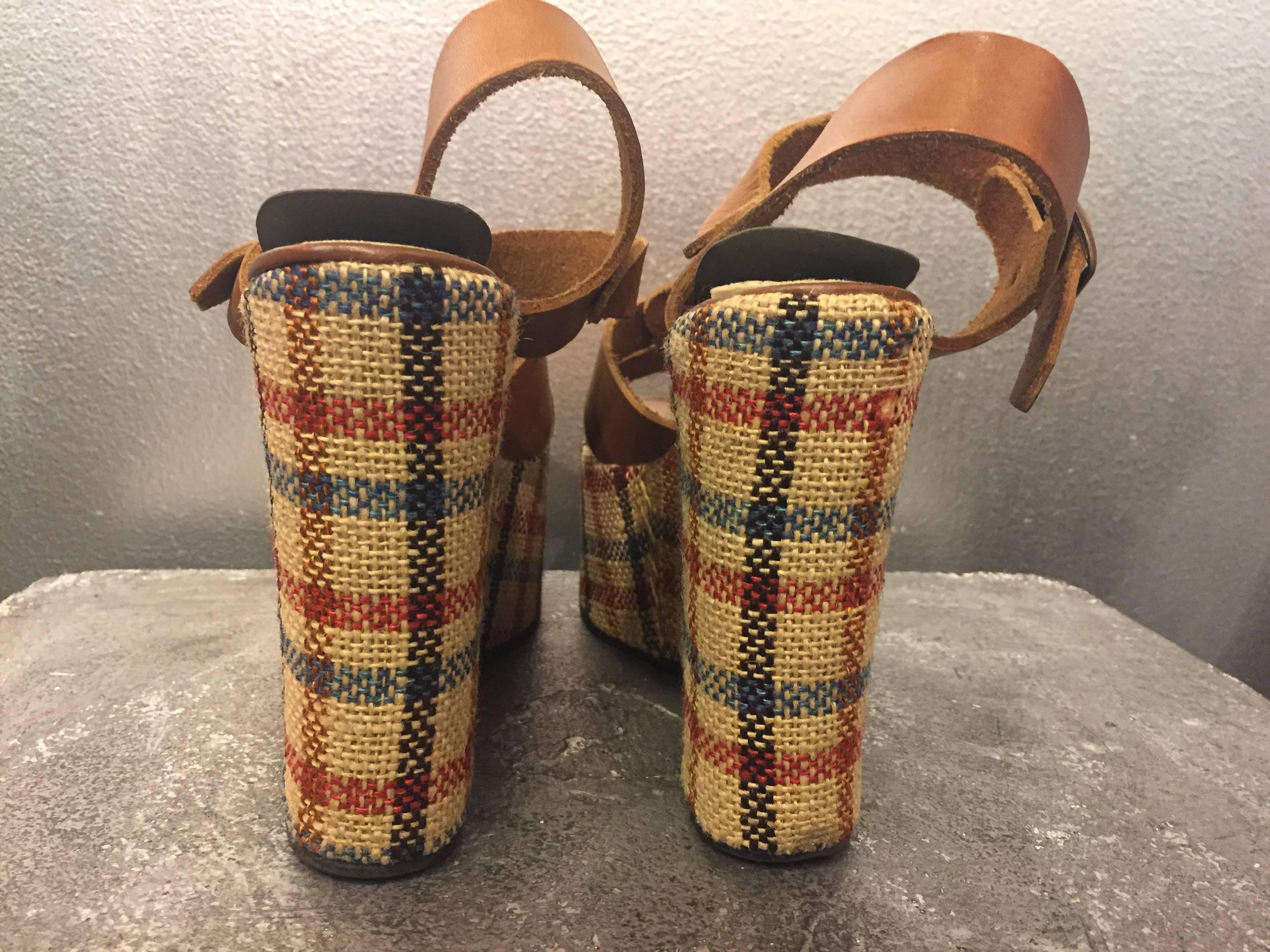 Brown 1960's Quality Craft Burlap Plaid Wedge Platforms For Sale
