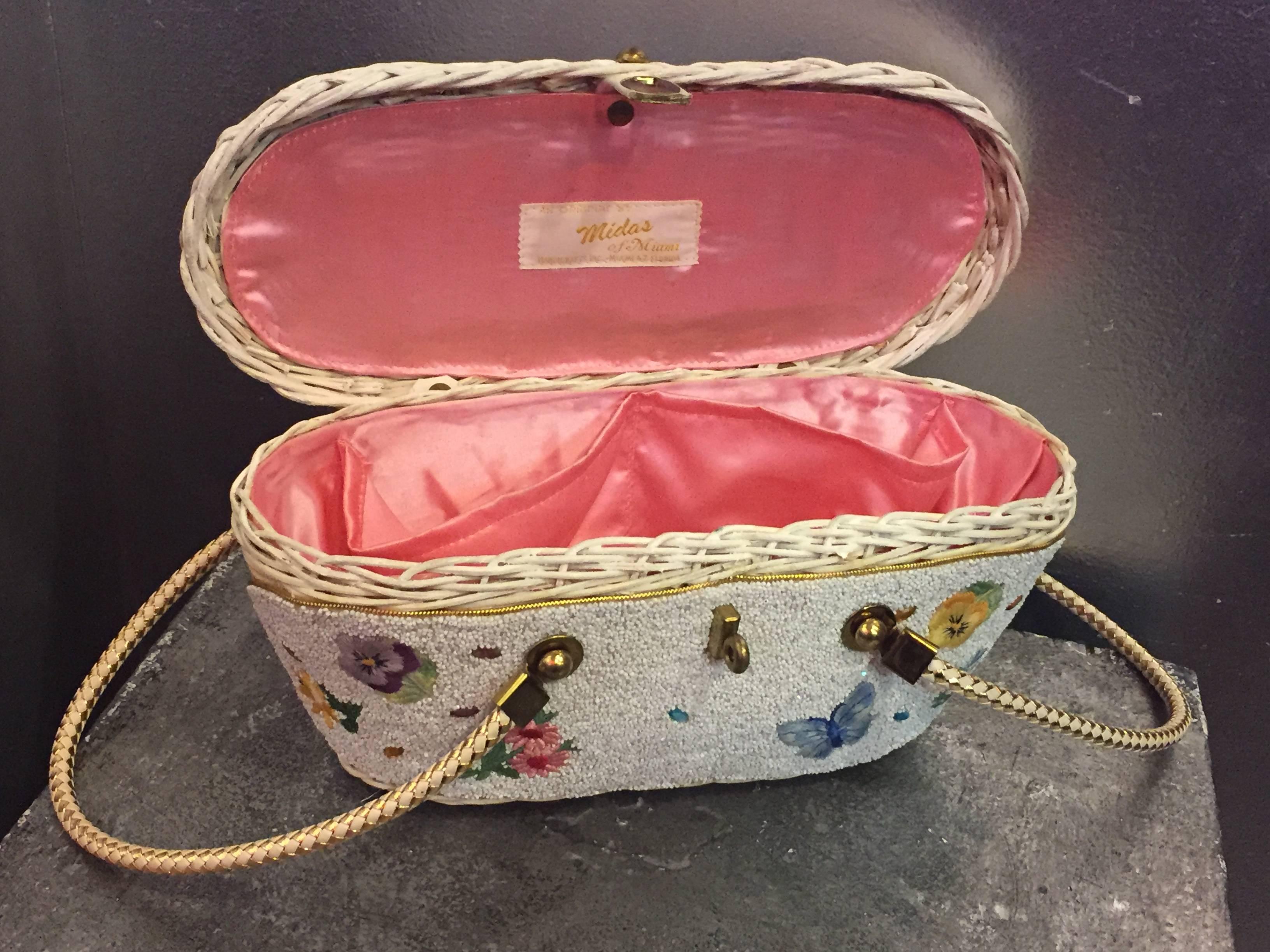 1950's Beaded & Wicker Floral Basket Novelty Bag   1
