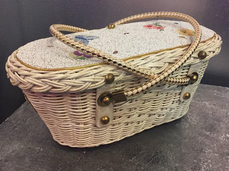1950's Beaded and Wicker Floral Basket Novelty Bag at 1stDibs