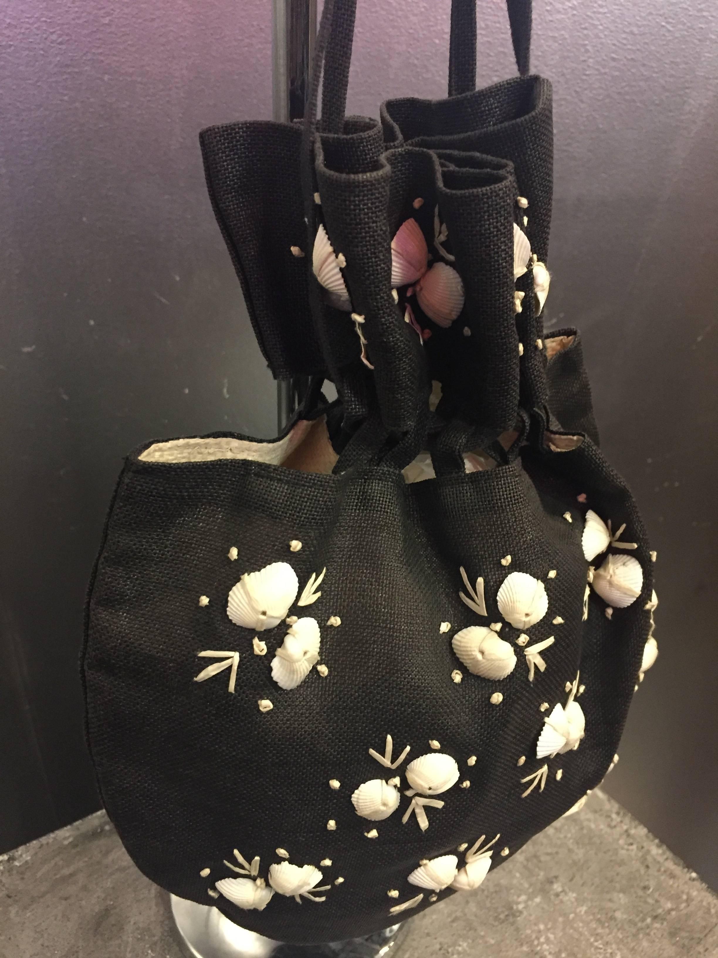 Women's 1950's Black Straw Pouch Bag with White Seashells 