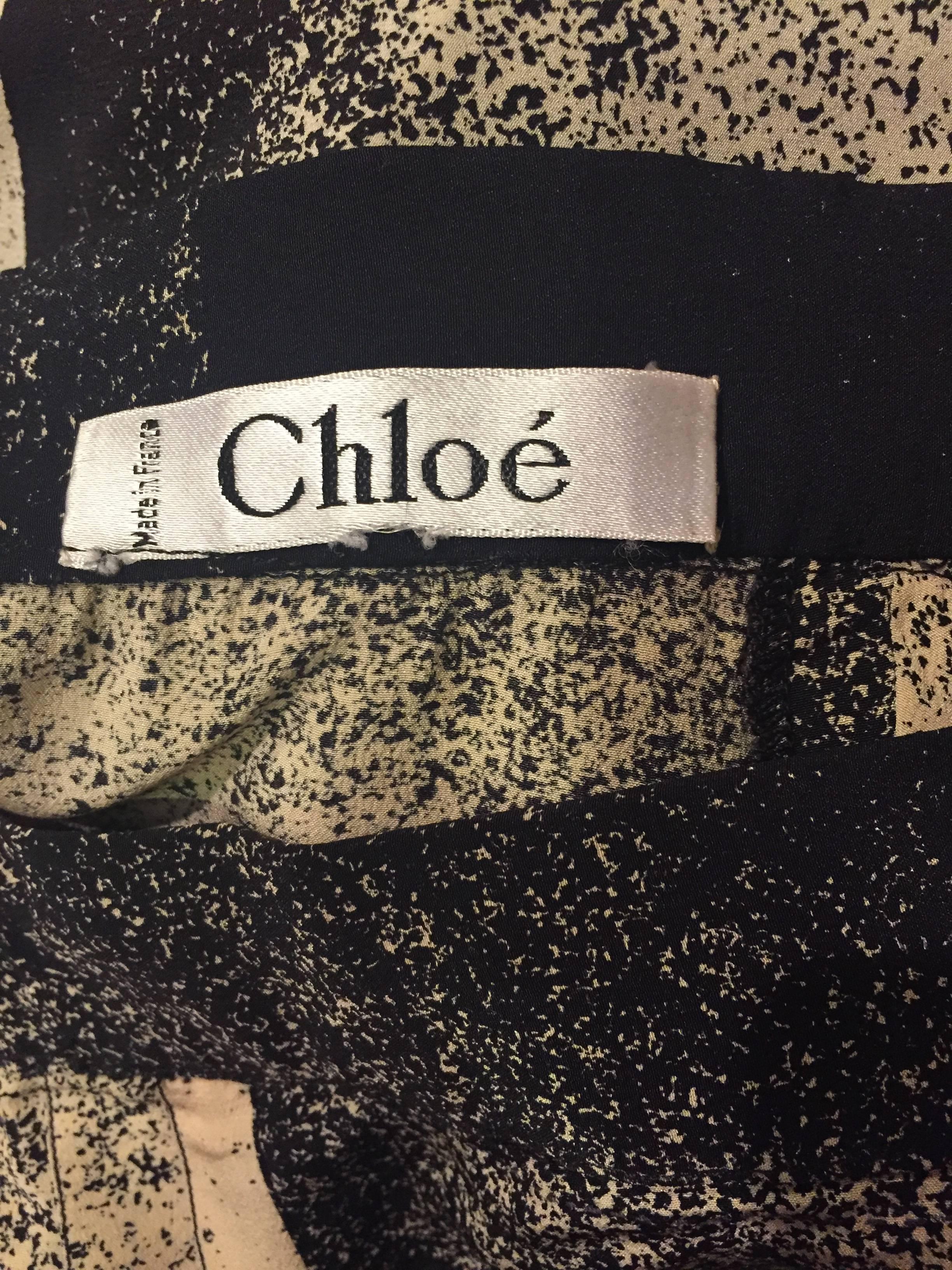 1980's Chloe Black & White Silk Print Ascot Blouse and Midi Skirt  5