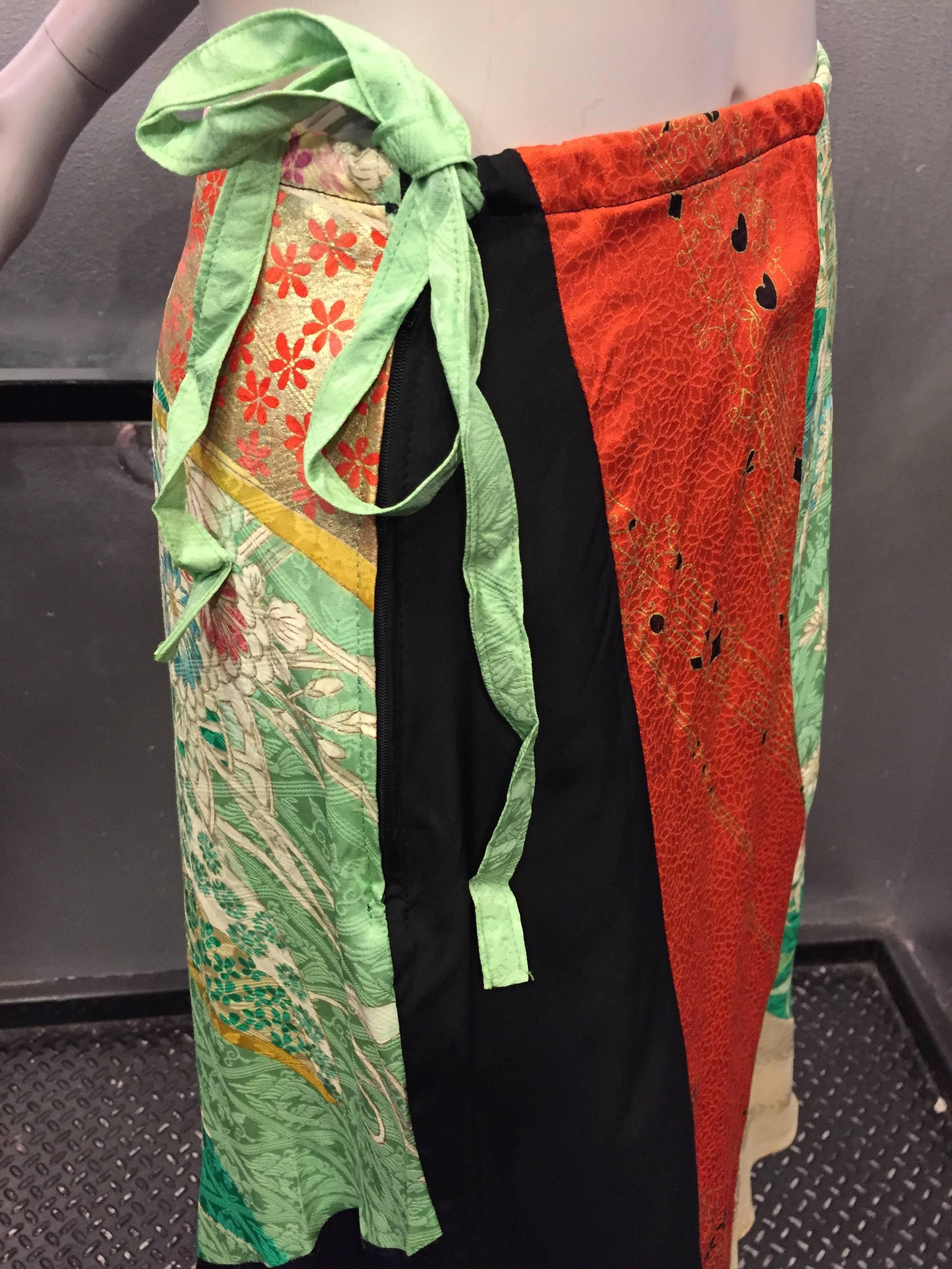 Beige 1970's Vintage Silk Kimono Patchwork Skirt 