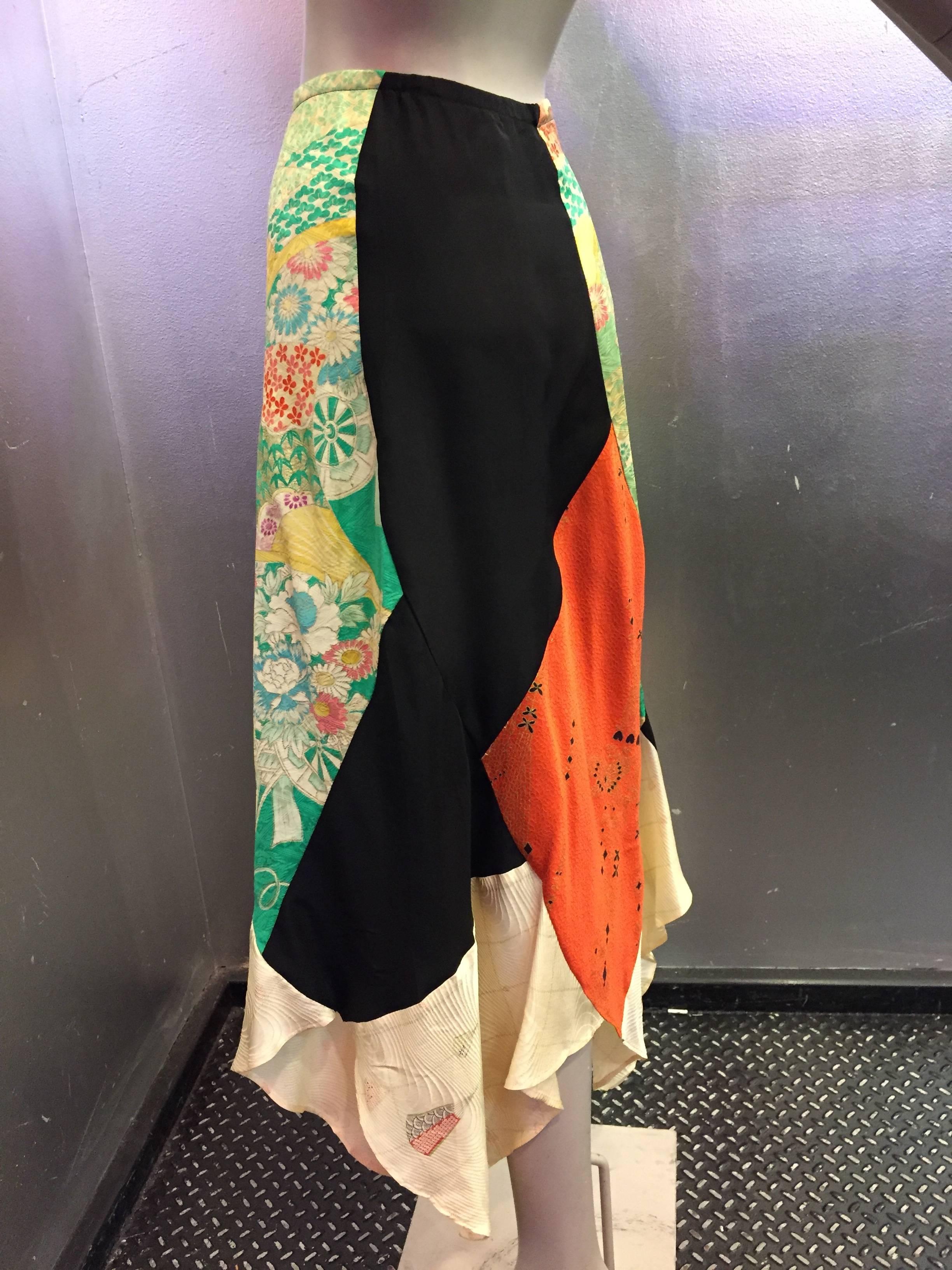 1970's Vintage Silk Kimono Patchwork Skirt  In Good Condition In Gresham, OR