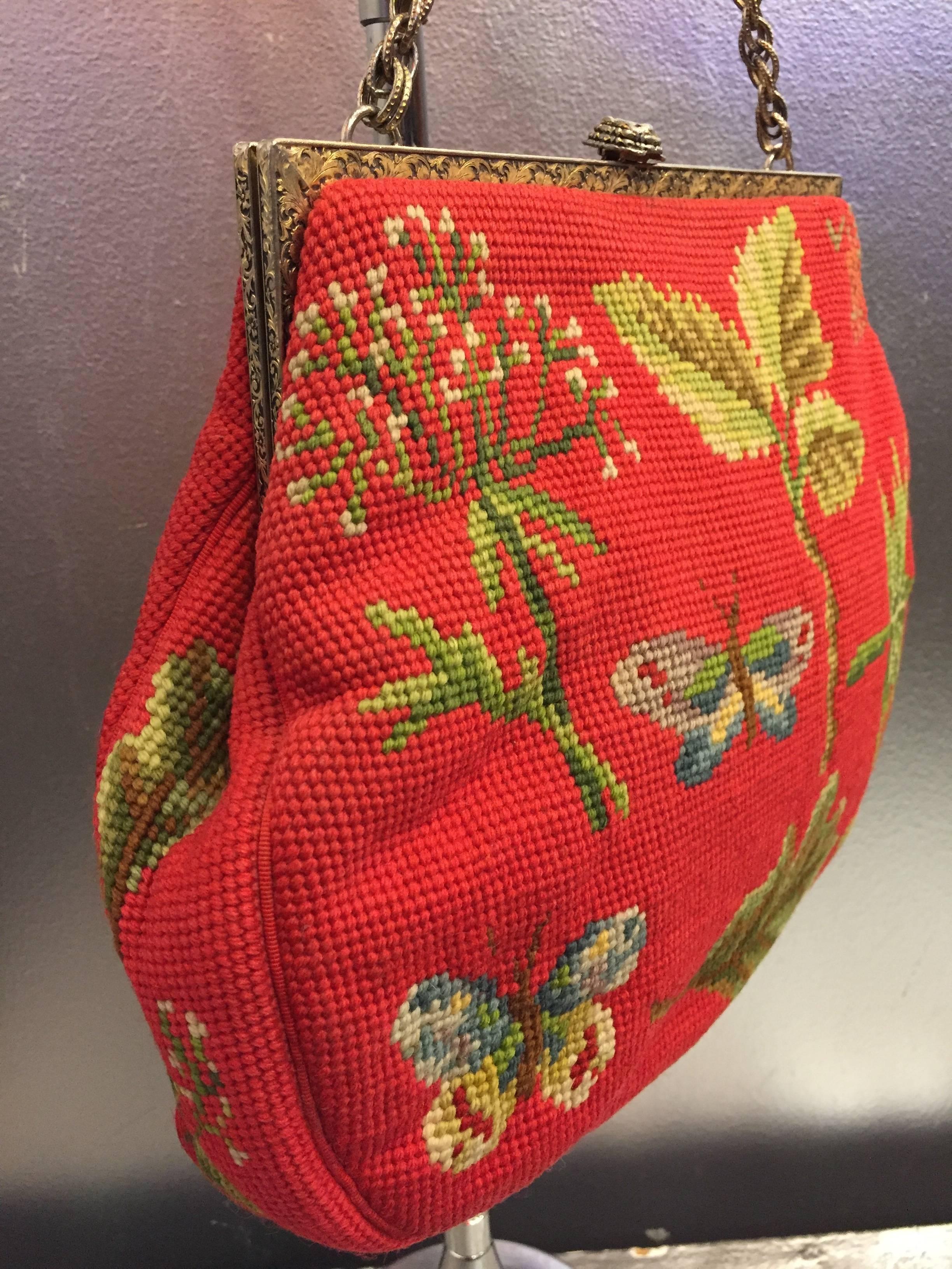 1950's Scarlet Red Maud Hundley Needlepoint Purse with Butterflies In Excellent Condition In Gresham, OR