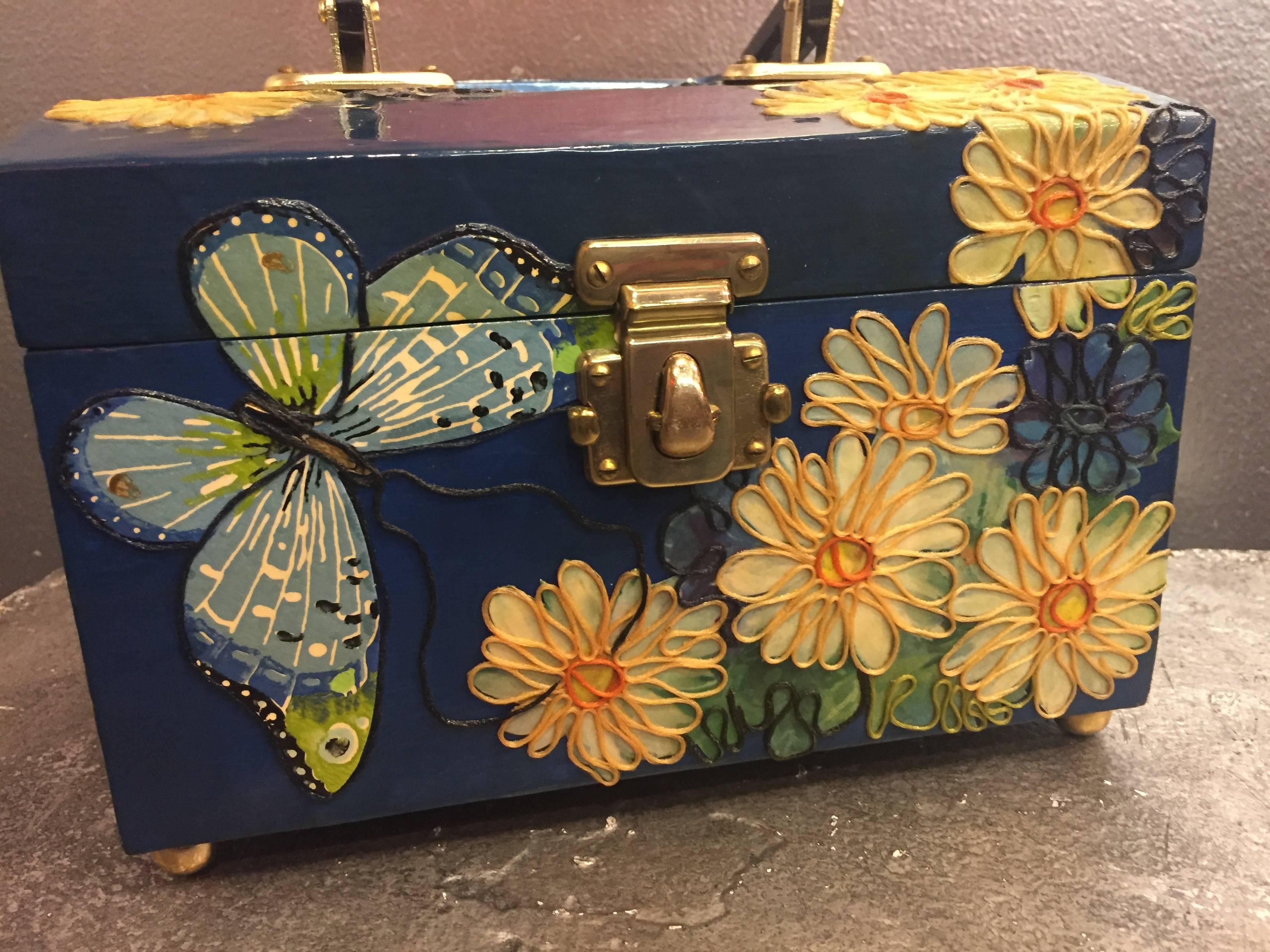 Women's 1960s Wooden Box Purse w Painted and Applied Flowers & Butterflies 