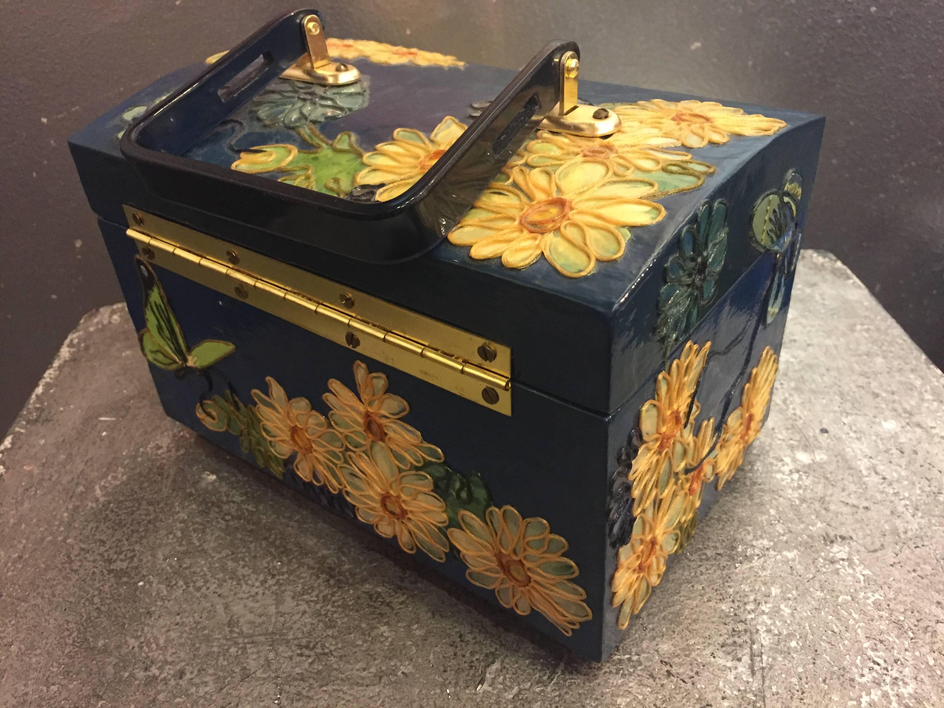 1960s Wooden Box Purse w Painted and Applied Flowers & Butterflies  1