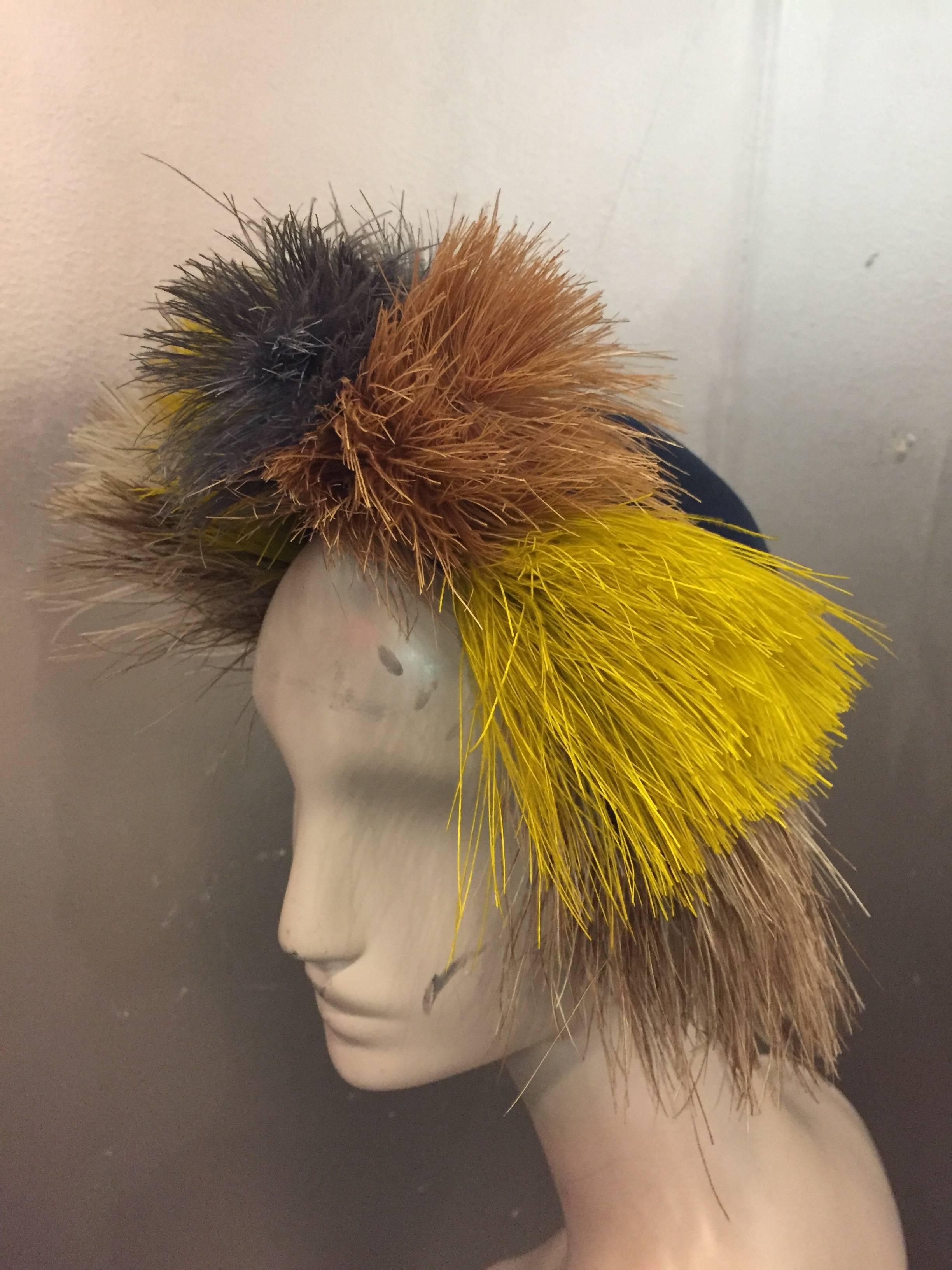 Brown 1940's Bes-Ben Slate Blue Felt Hat w Crown of Multi-Color Feathers 