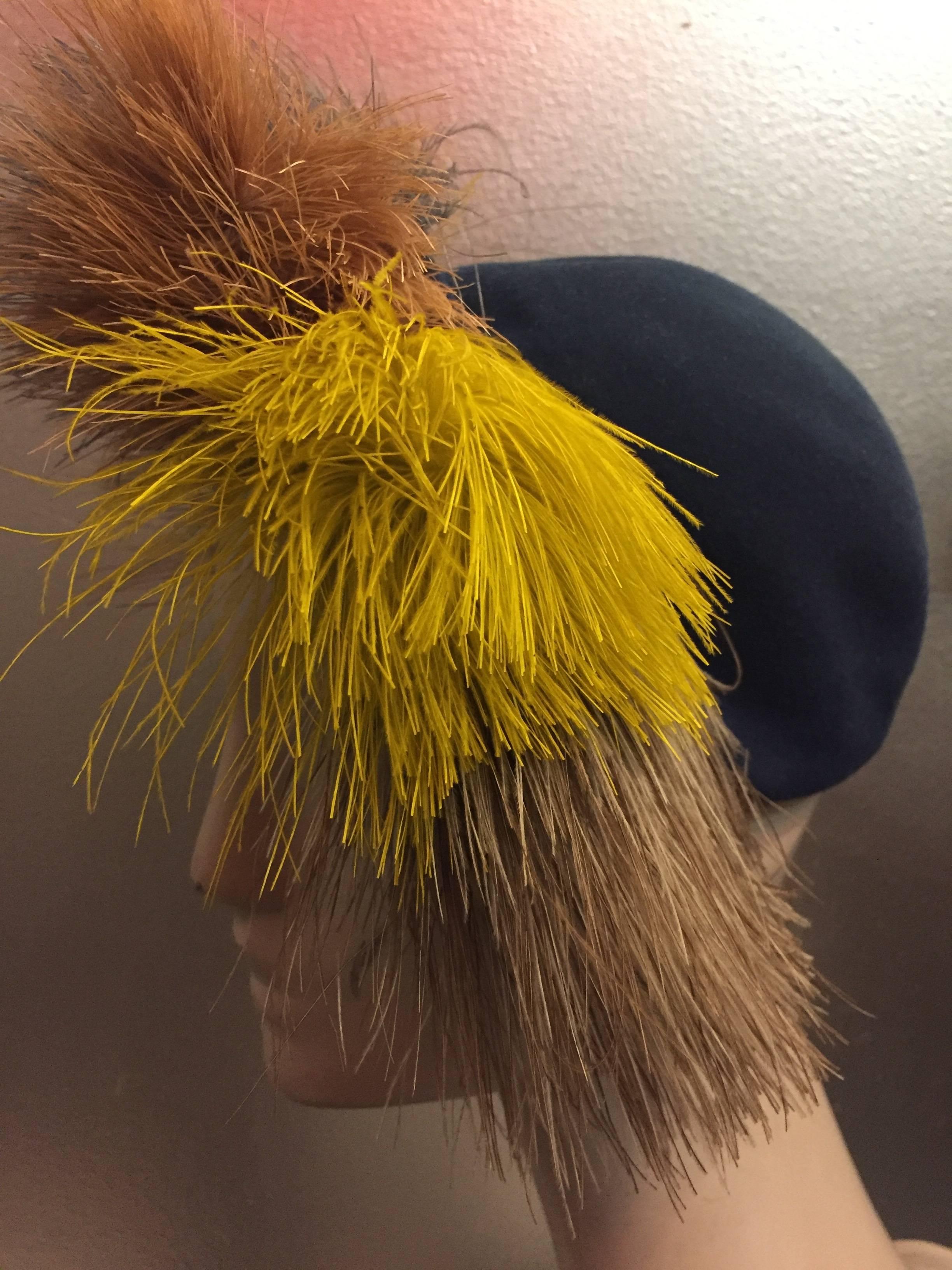 1940's Bes-Ben Slate Blue Felt Hat w Crown of Multi-Color Feathers  1