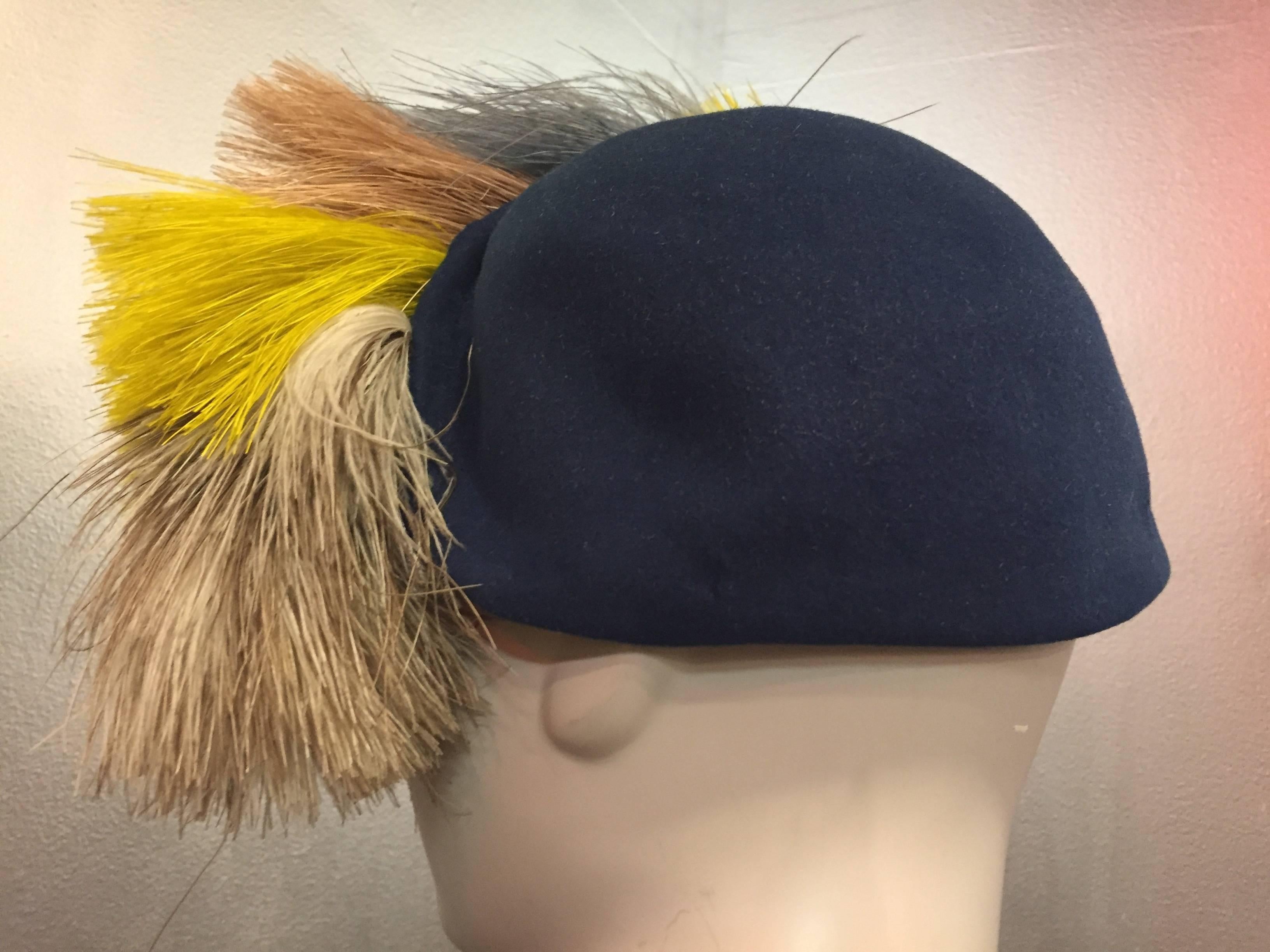 1940's Bes-Ben Slate Blue Felt Hat w Crown of Multi-Color Feathers  3