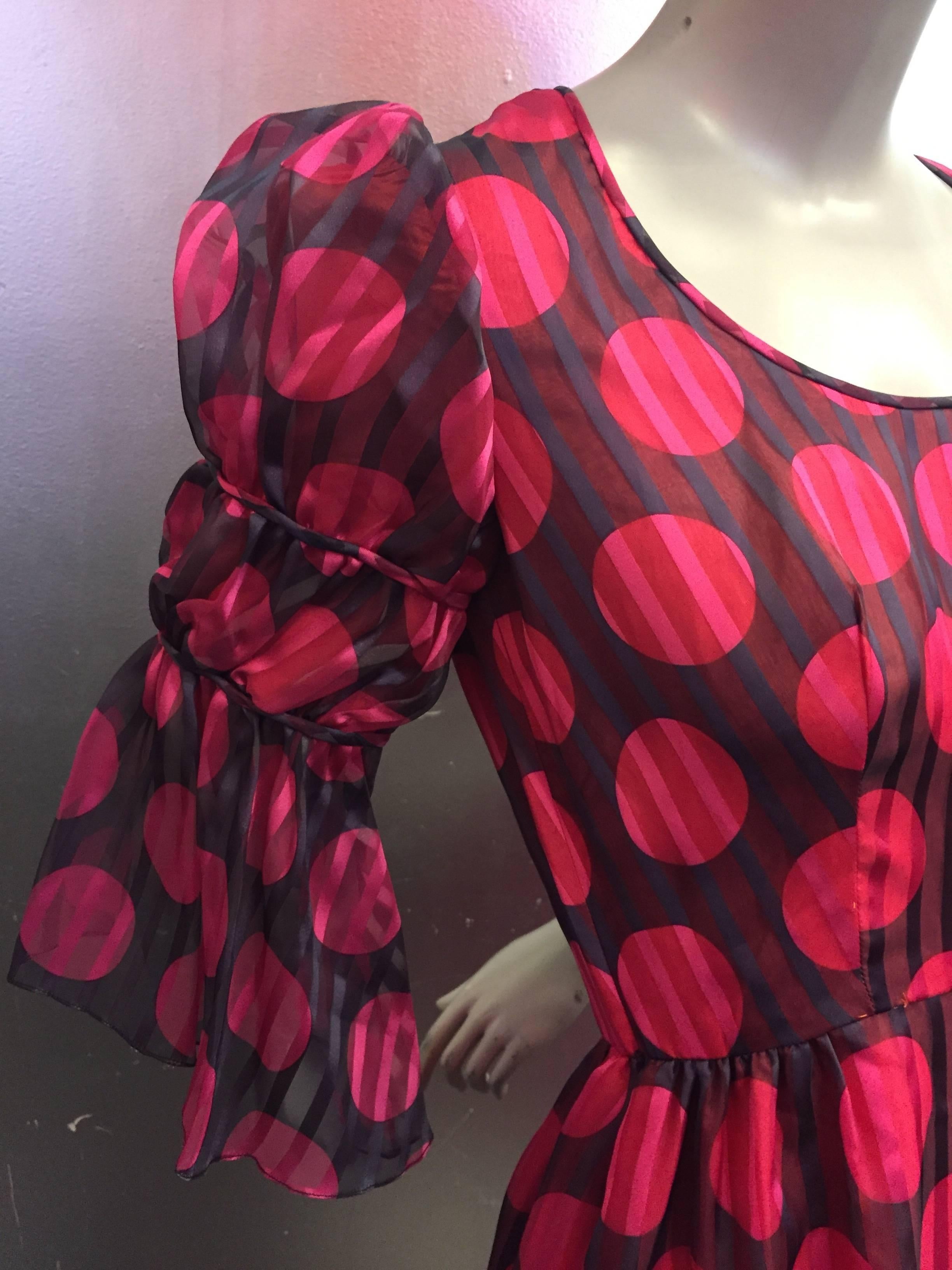 1960's Sarmi Polka Dot Silk Juliette Sleeve Midi Dress   In Excellent Condition In Gresham, OR