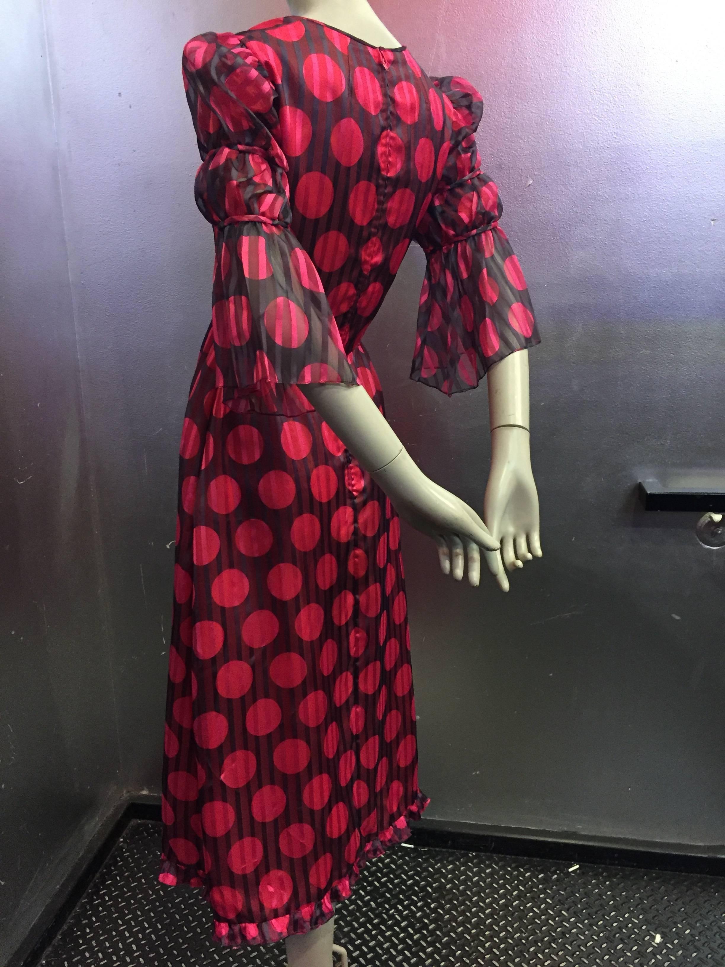 1960's Sarmi Polka Dot Silk Juliette Sleeve Midi Dress   1