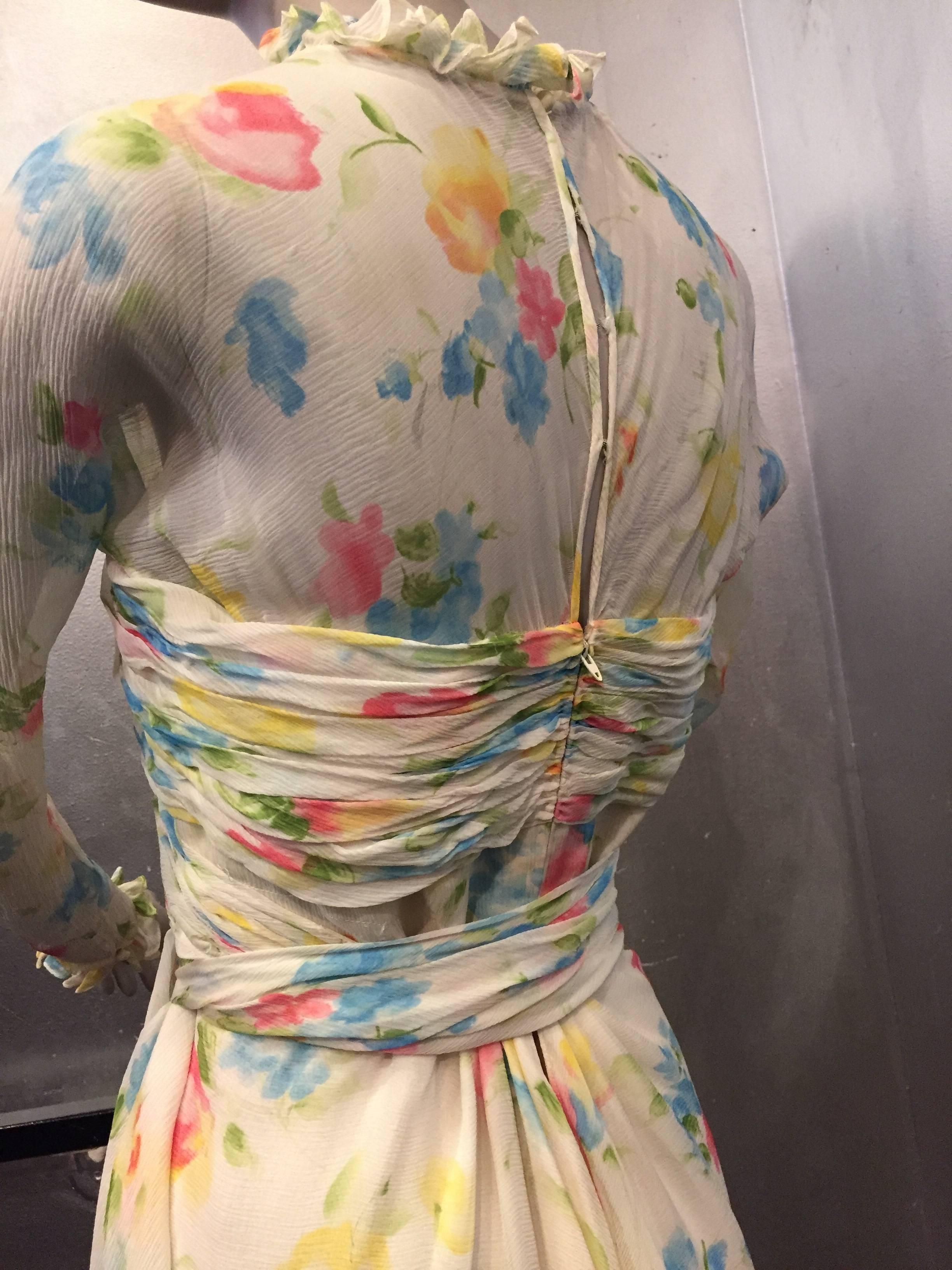 Brown 1980's Oscar De La Renta Cream Floral Printed Silk Chiffon Gown with Train 