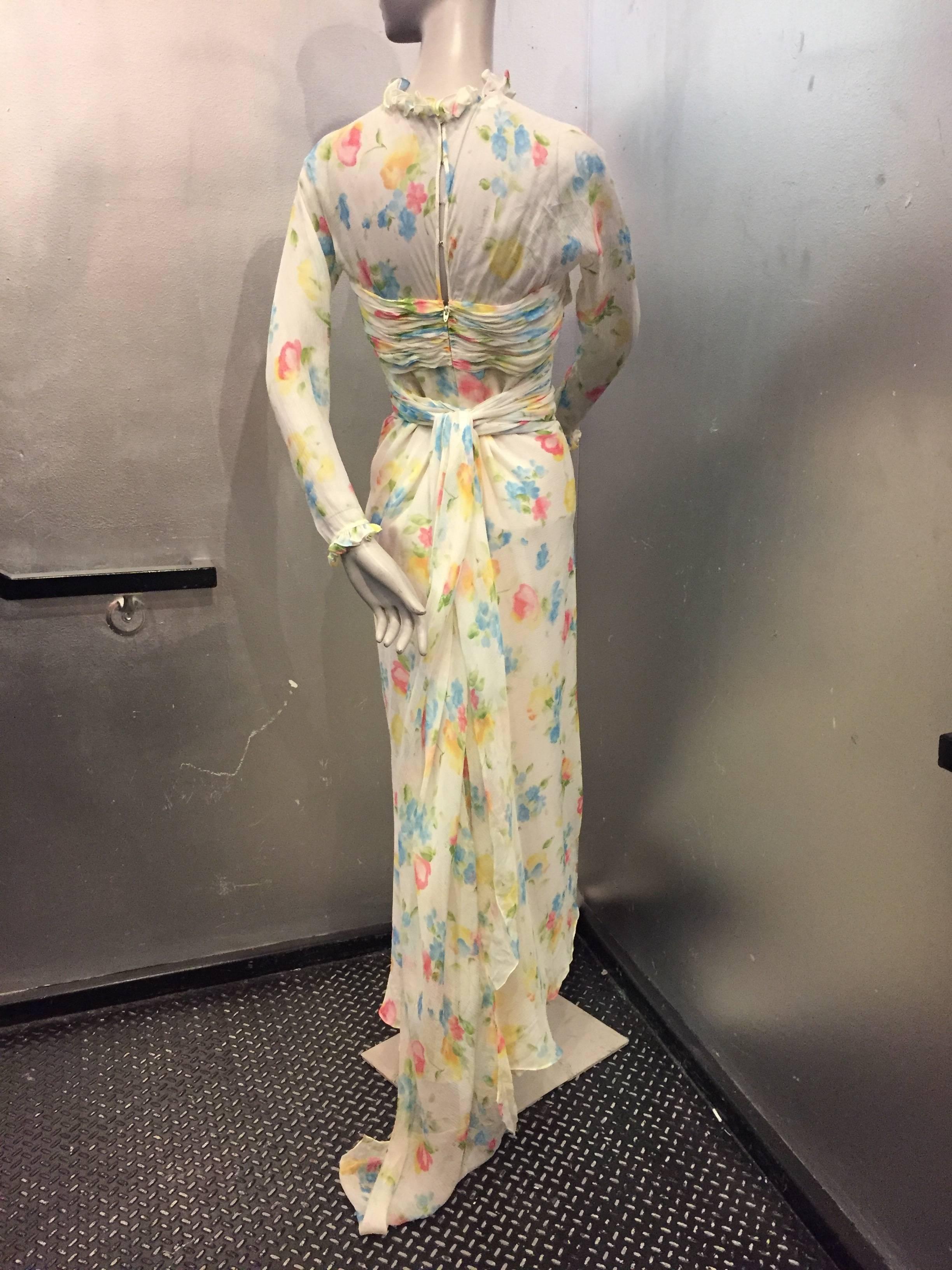 Women's 1980's Oscar De La Renta Cream Floral Printed Silk Chiffon Gown with Train 