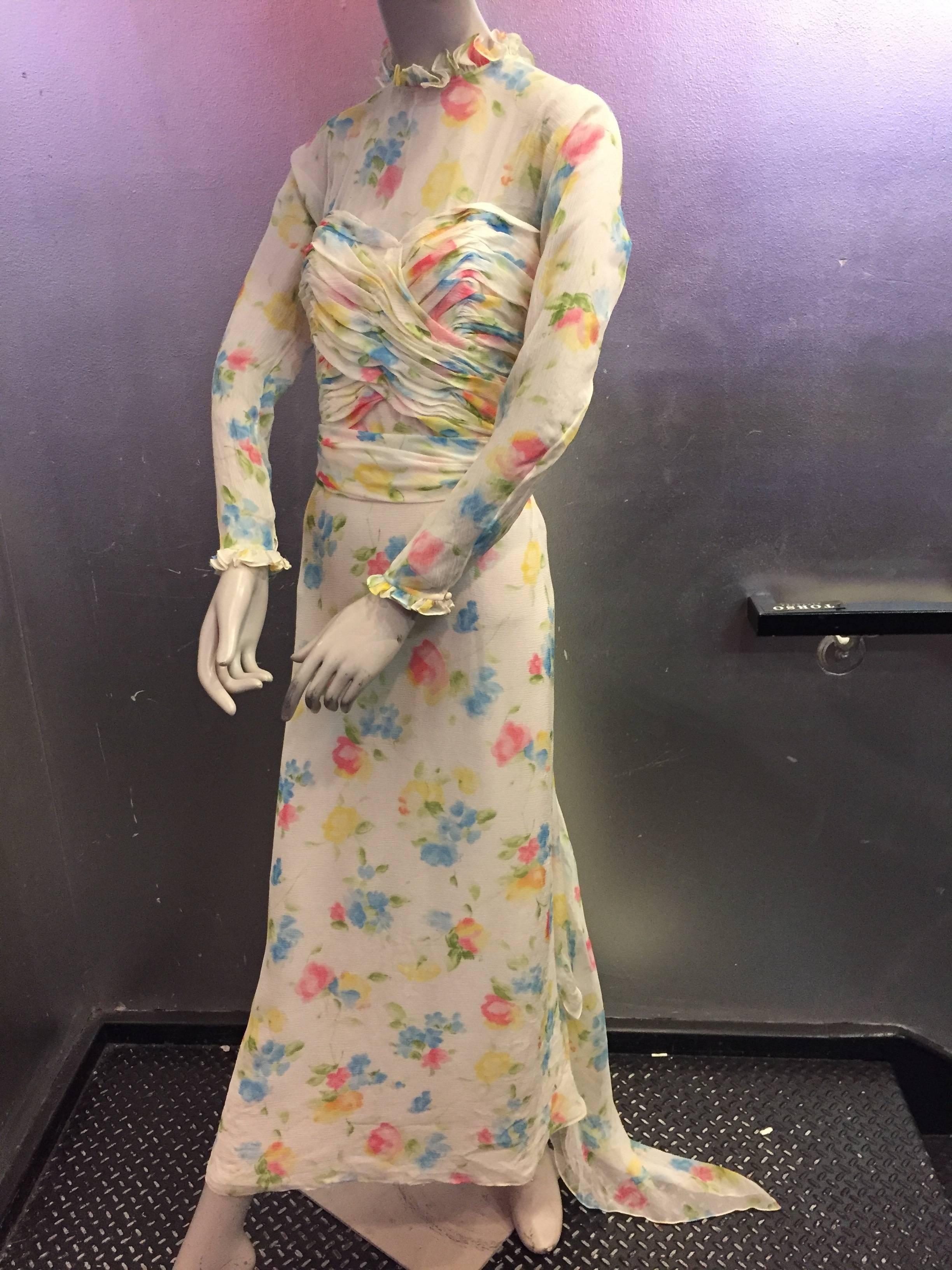 1980's Oscar De La Renta Cream Floral Printed Silk Chiffon Gown with Train  1