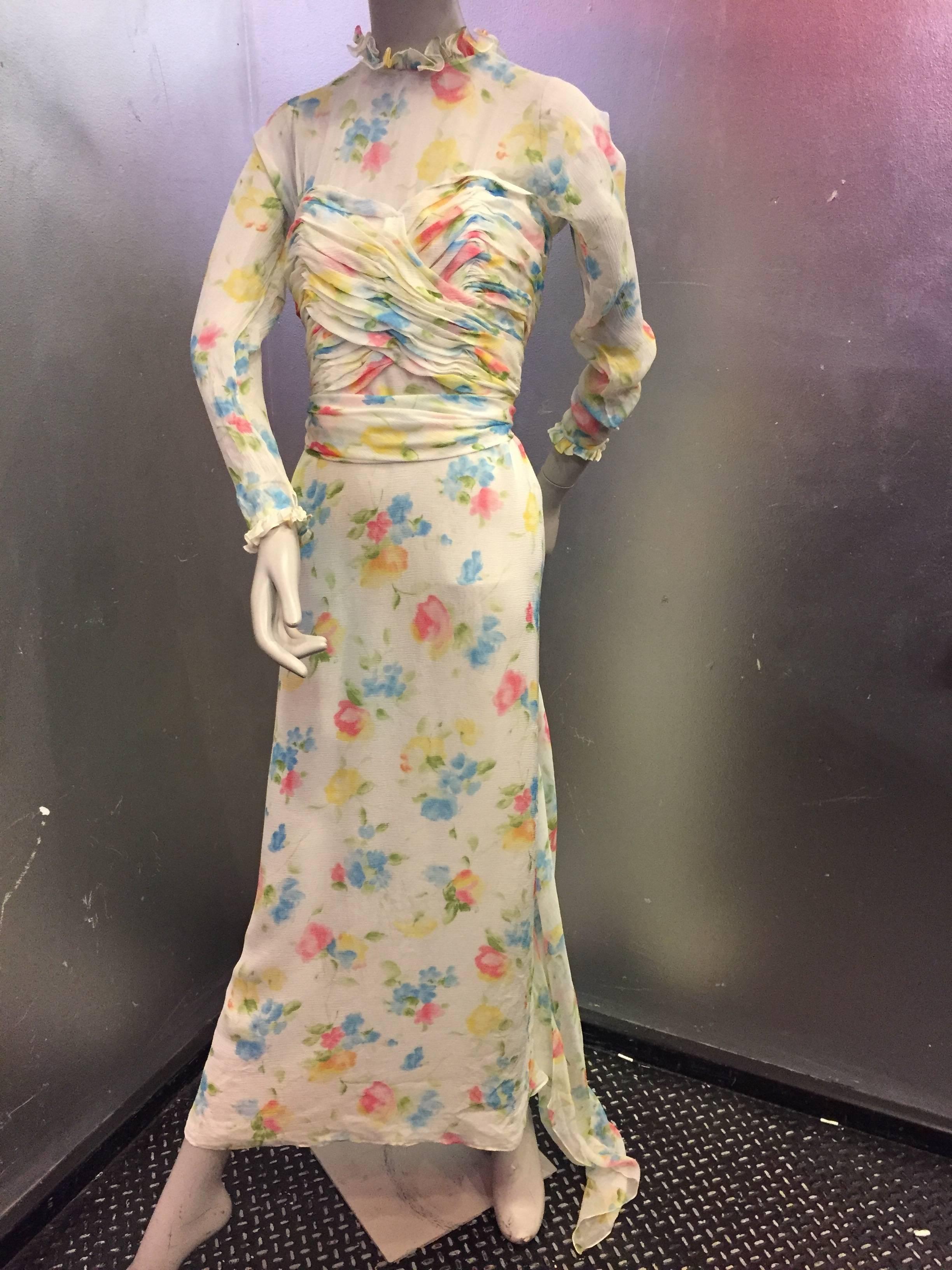 1980's Oscar De La Renta Cream Floral Printed Silk Chiffon Gown with Train  2