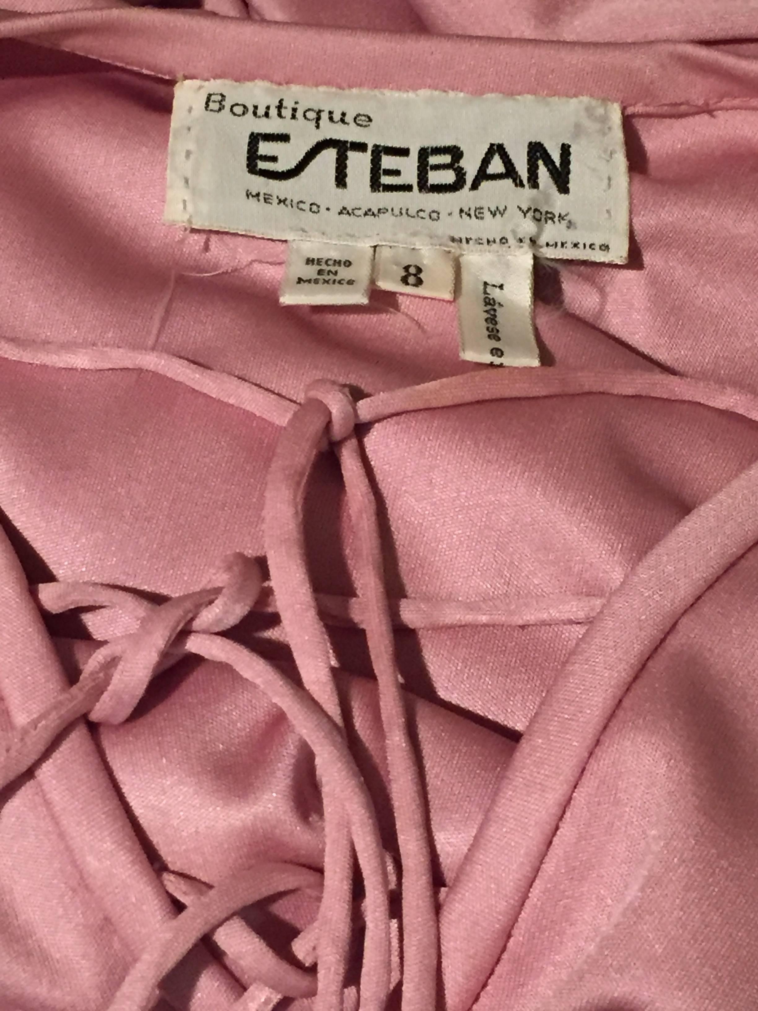 Women's 1970s Esteban Rose Pink Silk Jersey Disco Maxi w Lace Up Detail