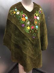 Olive Tone Suede Poncho with Embroidered Flowers, 1960s
