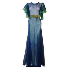 1930s Silk Chiffon Gown in Cobalt and Kelly Green Layers w/ Velvet Belt
