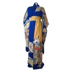 1970s Cobalt Blue Silk Floral Kimono Imported by Gumps of San Francisco