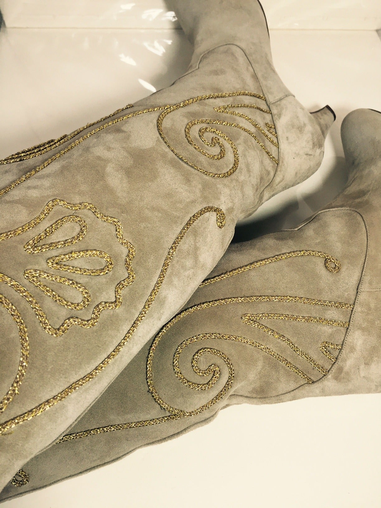 Women's 1980s Andrea Pfister Taupe Suede Western Boots w/ Gold Soutache Braid