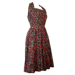 Vintage 1950s Suzie Perette Cotton Halter Sundress in Bold Graphic Print