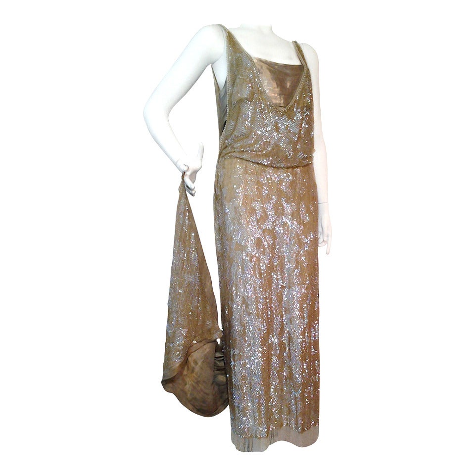 1920s Incredible French Sequined Evening Gown w/ Train Imported by Harry Angelo