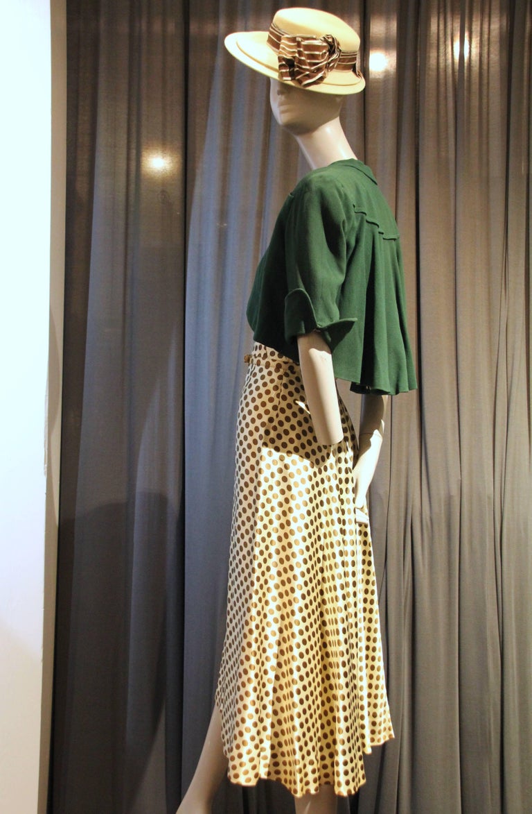 1940s Green Polka-dot Silk Satin Dress, Green Wool Bolero And Hat Ensemble