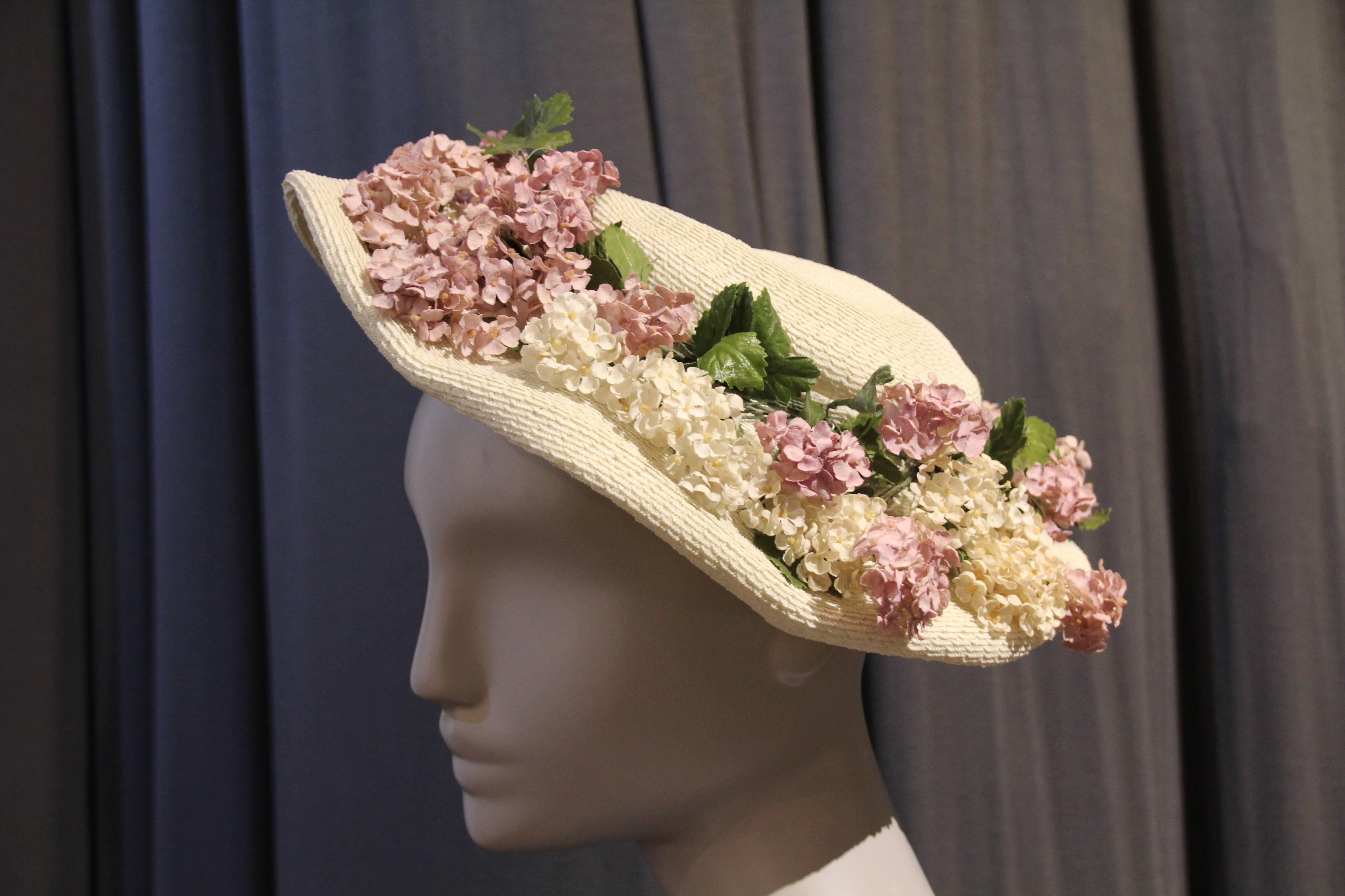 Brown 1950s Elsa Schiaparelli White Straw Hat with Silk Lilacs Circling Brim