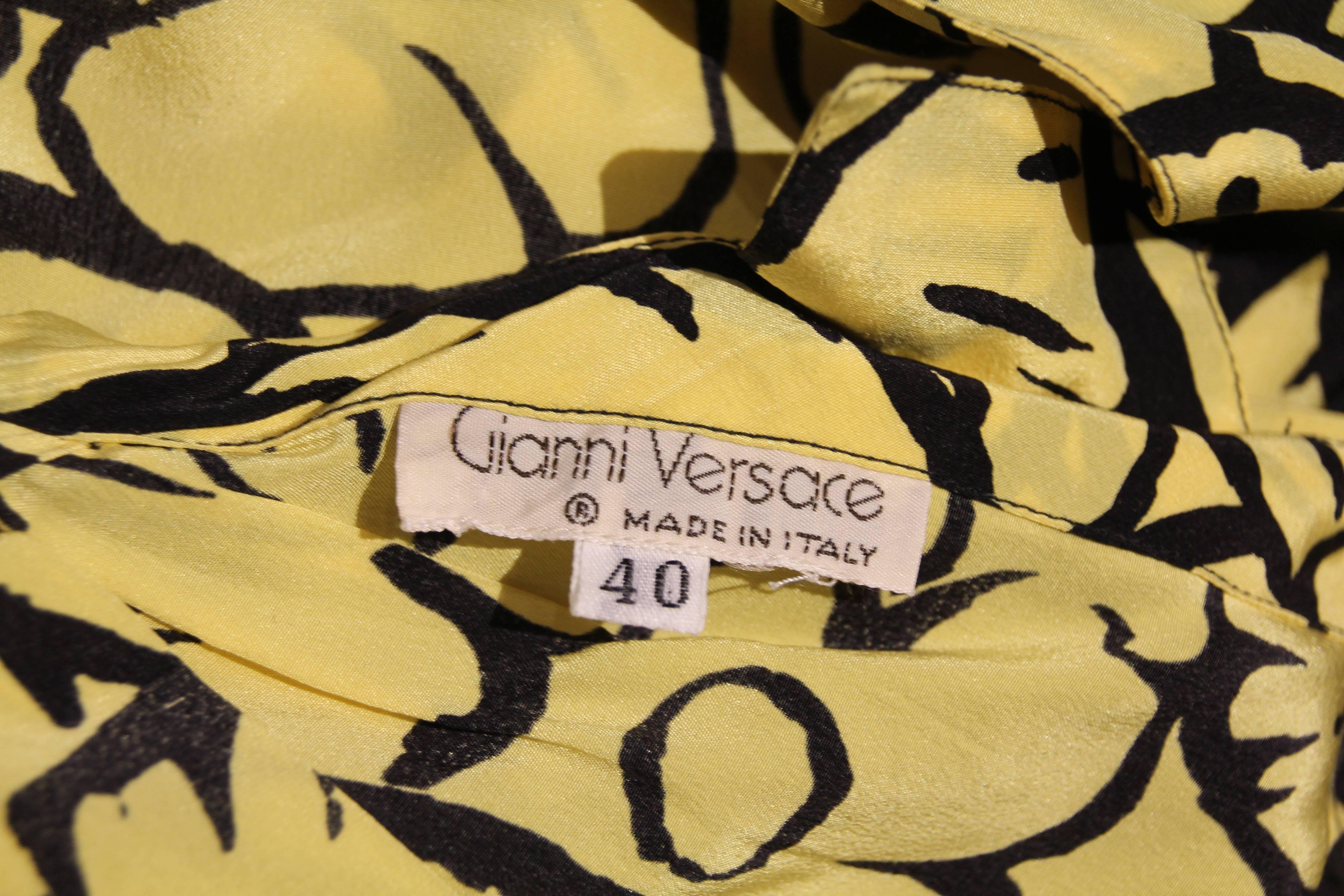 Women's 1980s Gianni Versace Yellow and Black Floral Print Silk Dress w Draped Back  For Sale