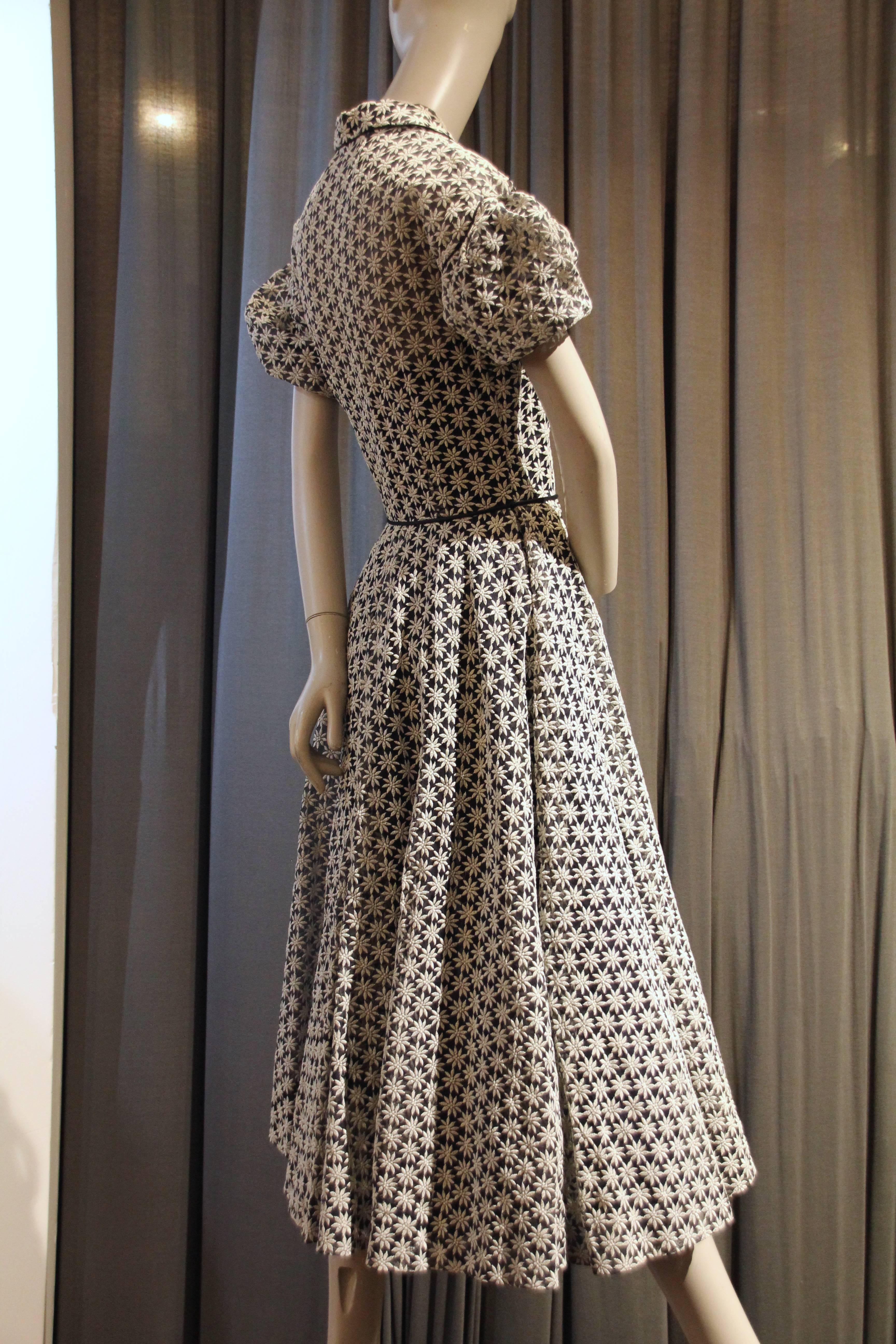 1950s Ceil Chapman Navy and White Flowered Dress w Full Skirt and Puff Sleeves 2