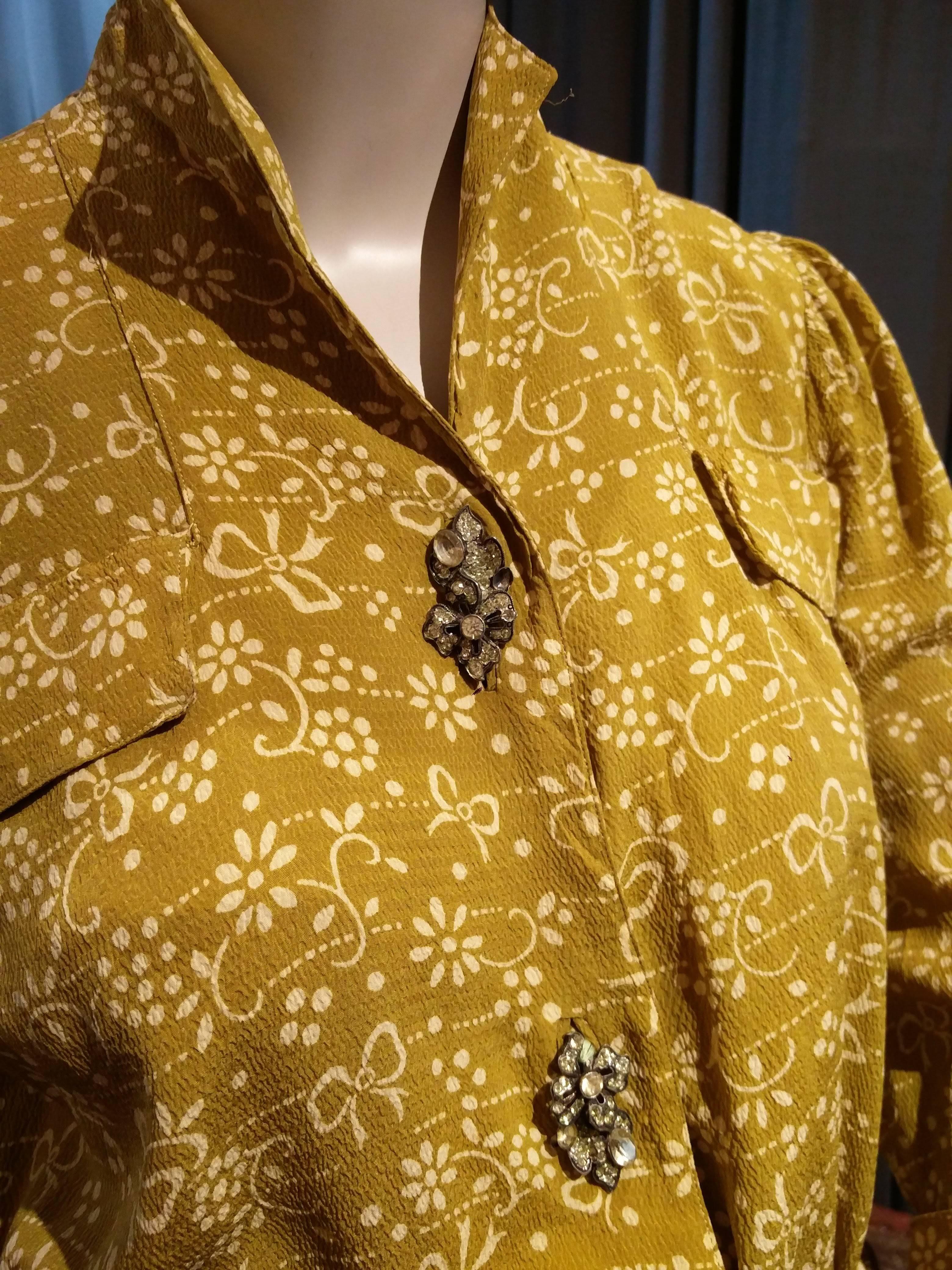 1940s Eisenberg and Sons Gold Floral Print Silk Crepe Dress w/ Original Buttons 1