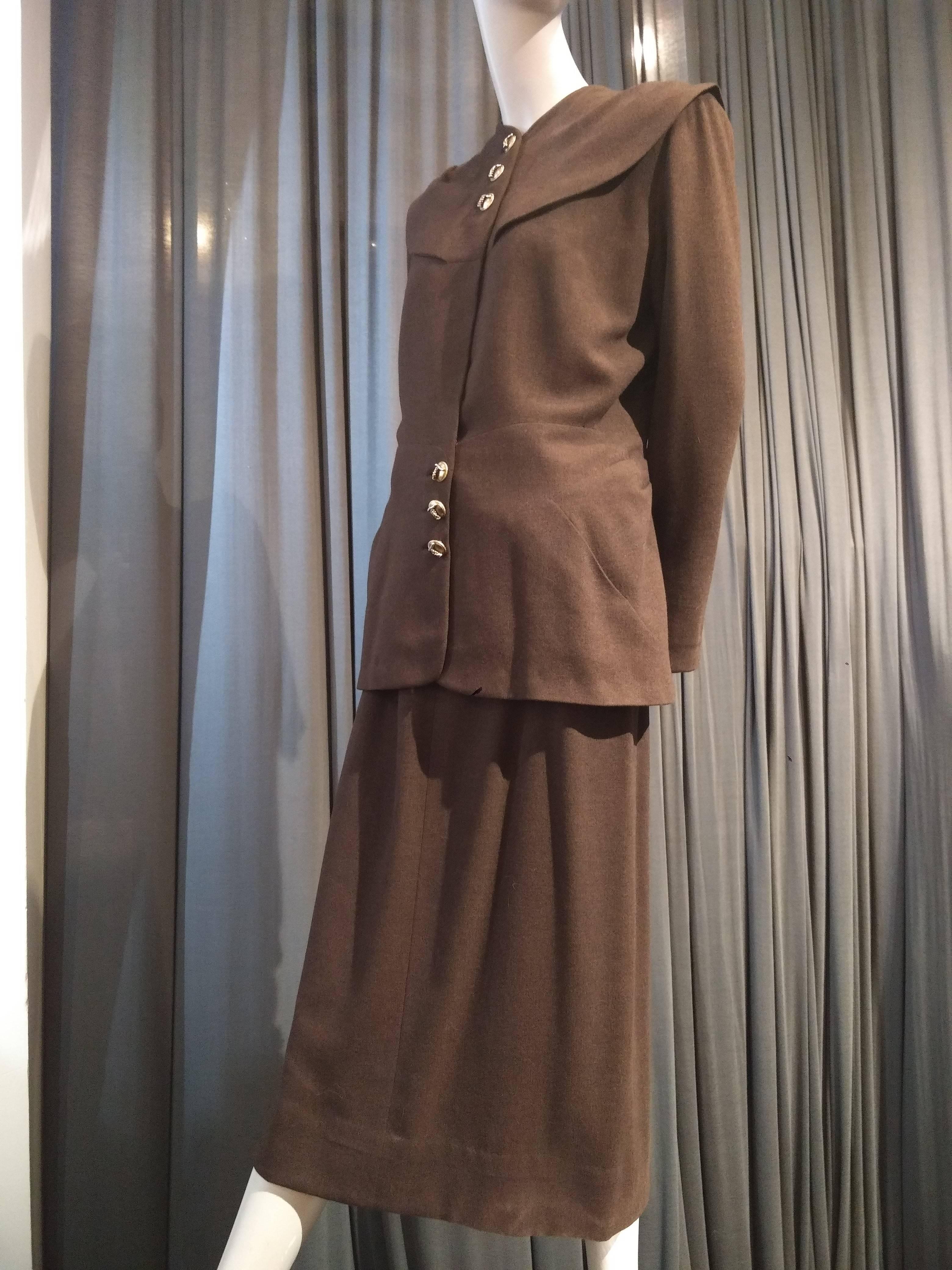 Women's 1940s Adrian Original Chocolate Brown Wool Suit w Large Rounded Collar / Caplet