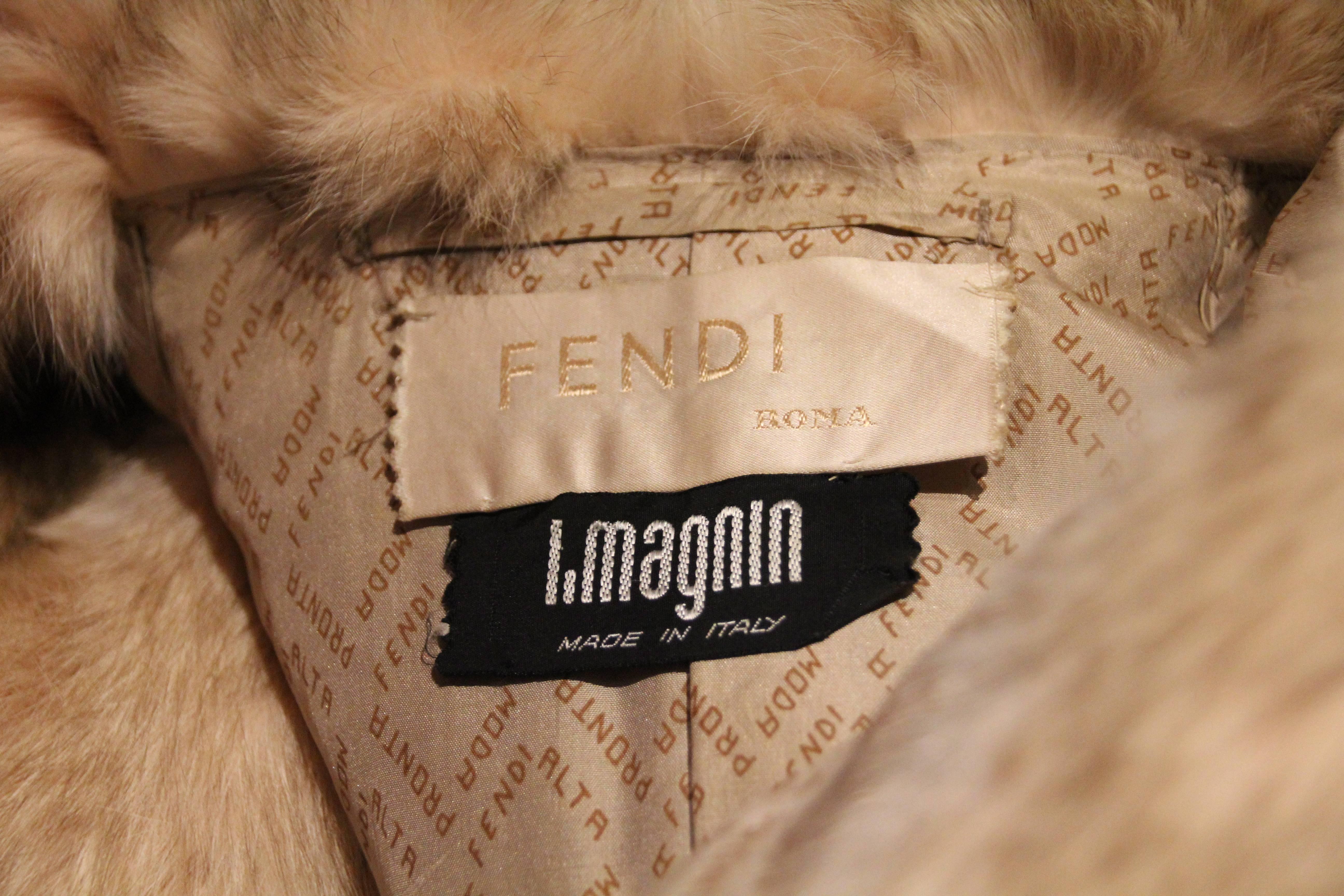 Women's 1980s Fendi Chevron Feathered Fox Swing Coat w Lush Collar and Front Tie