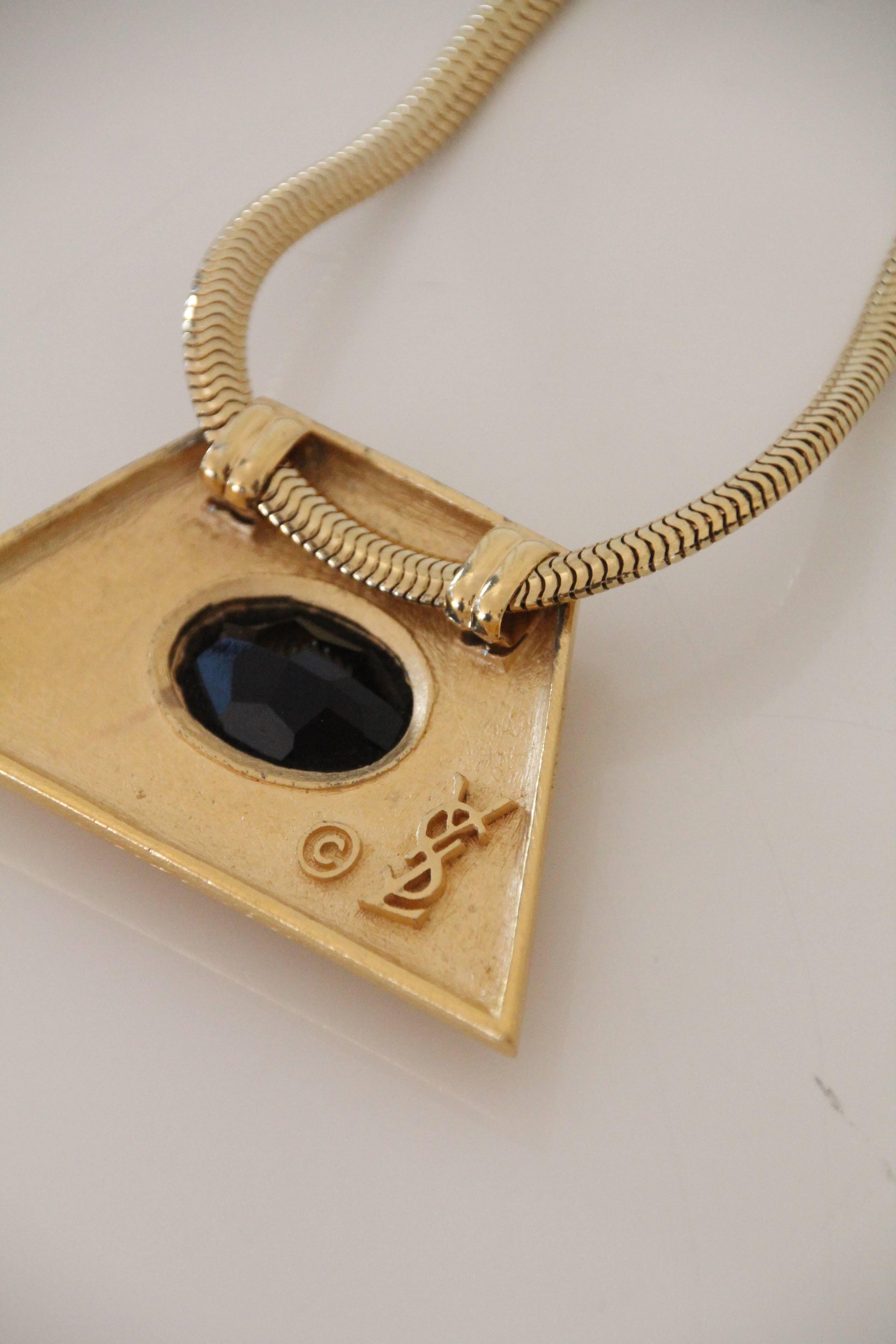 1980s YSL Egyptian-Inspired Brushed Gold-Tone Pendant w Hematite and Chain In Excellent Condition In Gresham, OR