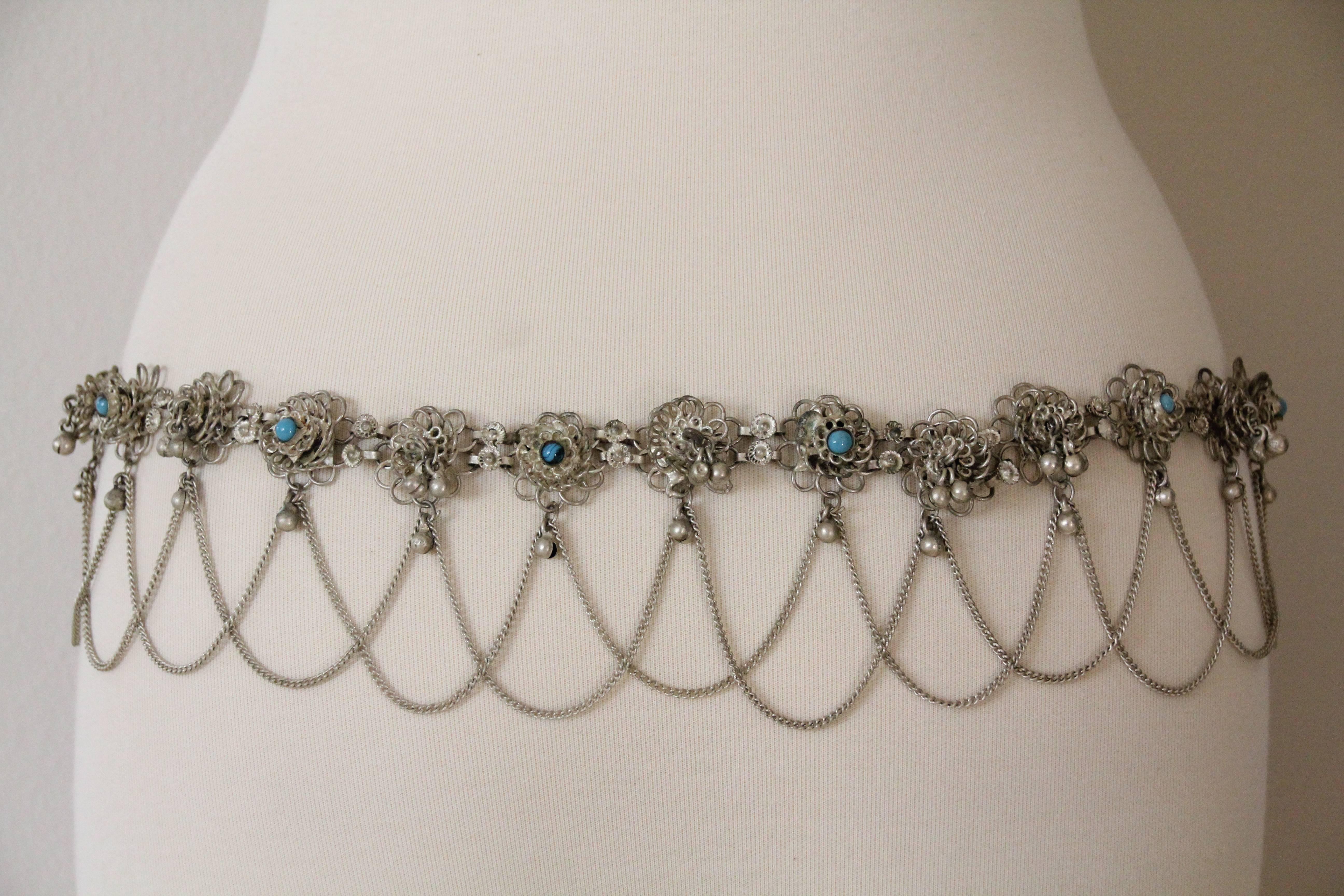 Women's or Men's 1970s Coin Silver Indian Filigree Chain Belt w Faux Turquoise Accents For Sale