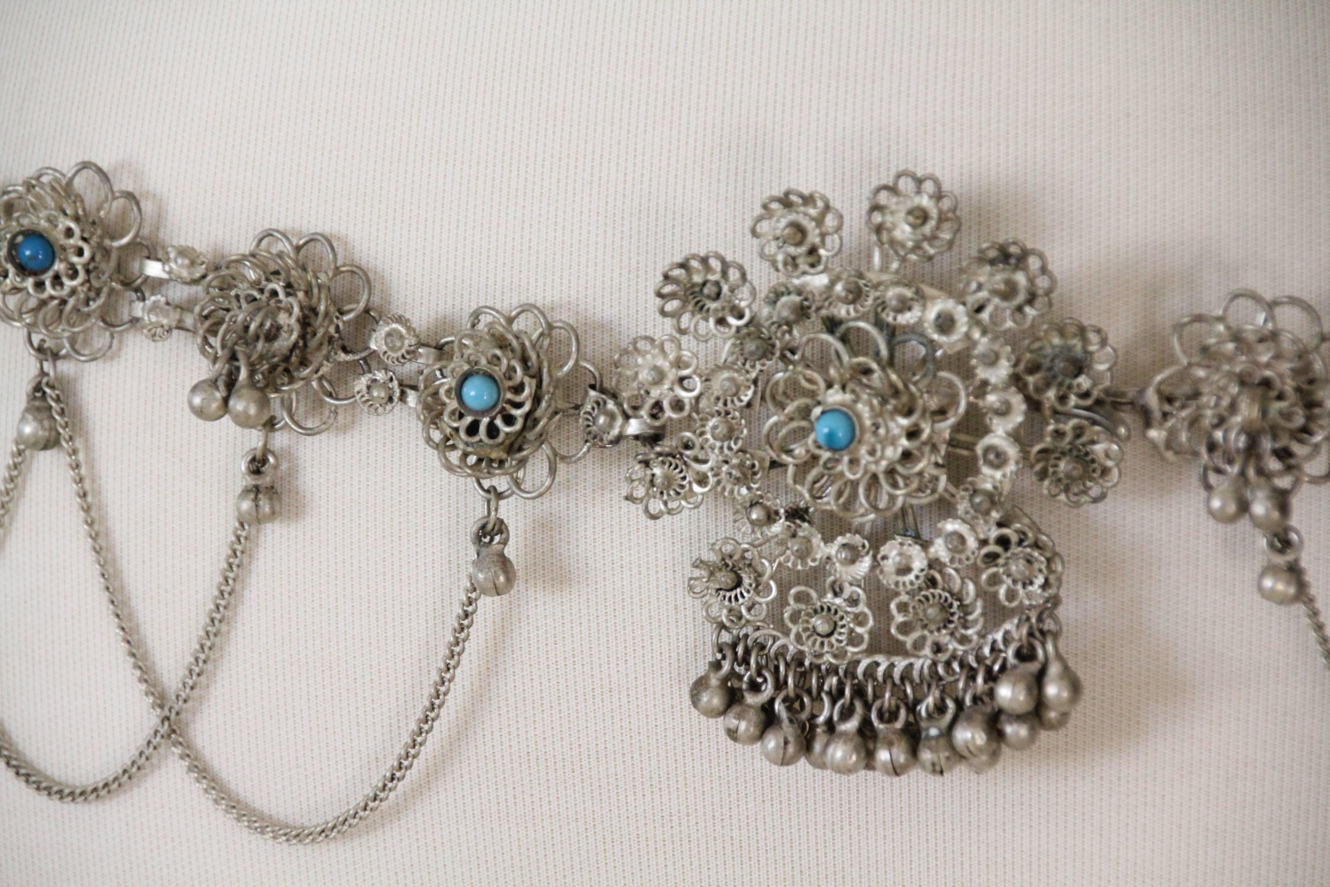 1970s Coin Silver Indian Filigree Chain Belt w Faux Turquoise Accents For Sale 1