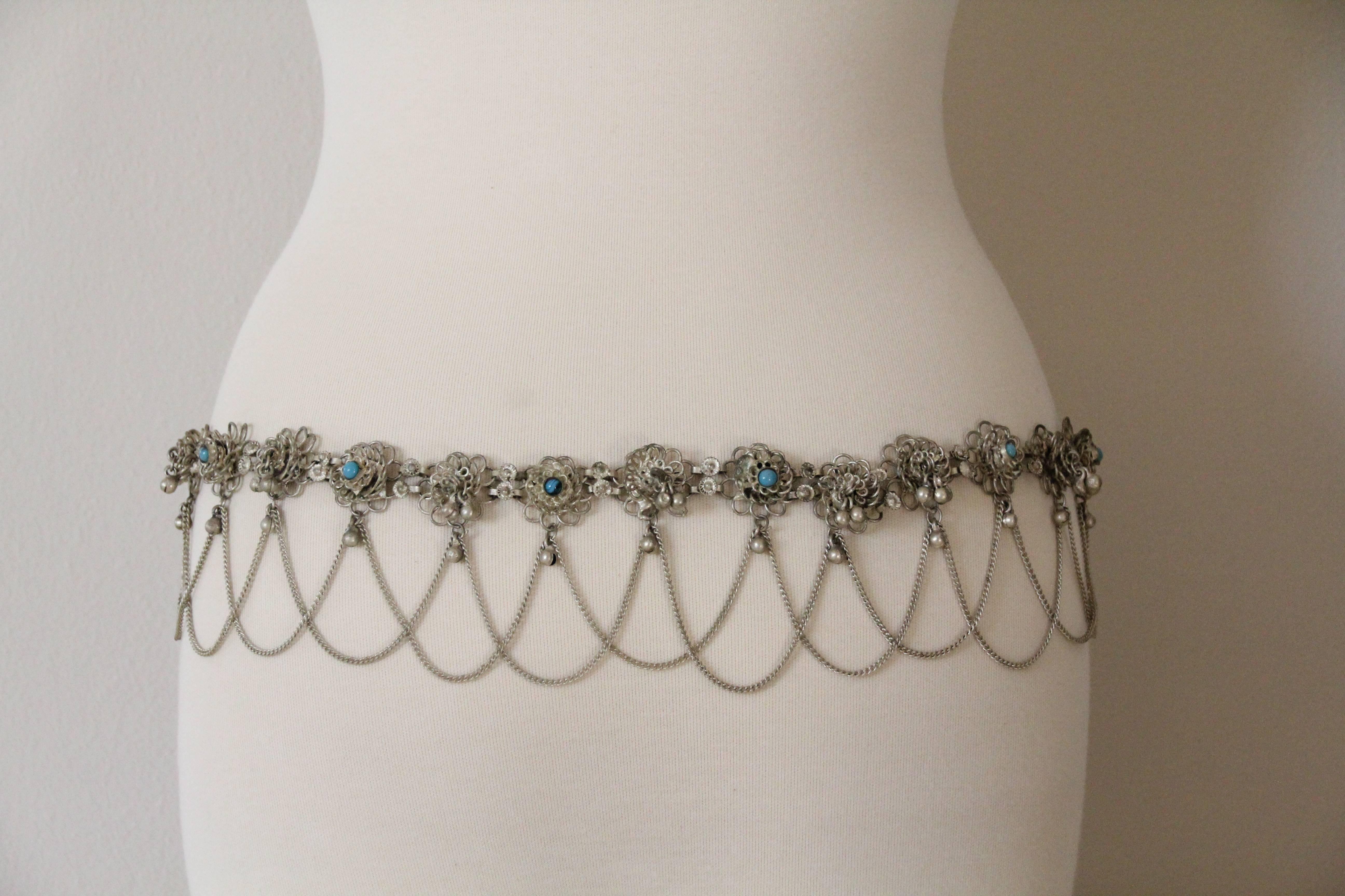 1970s Coin Silver Indian Filigree Chain Belt w Faux Turquoise Accents For Sale 2