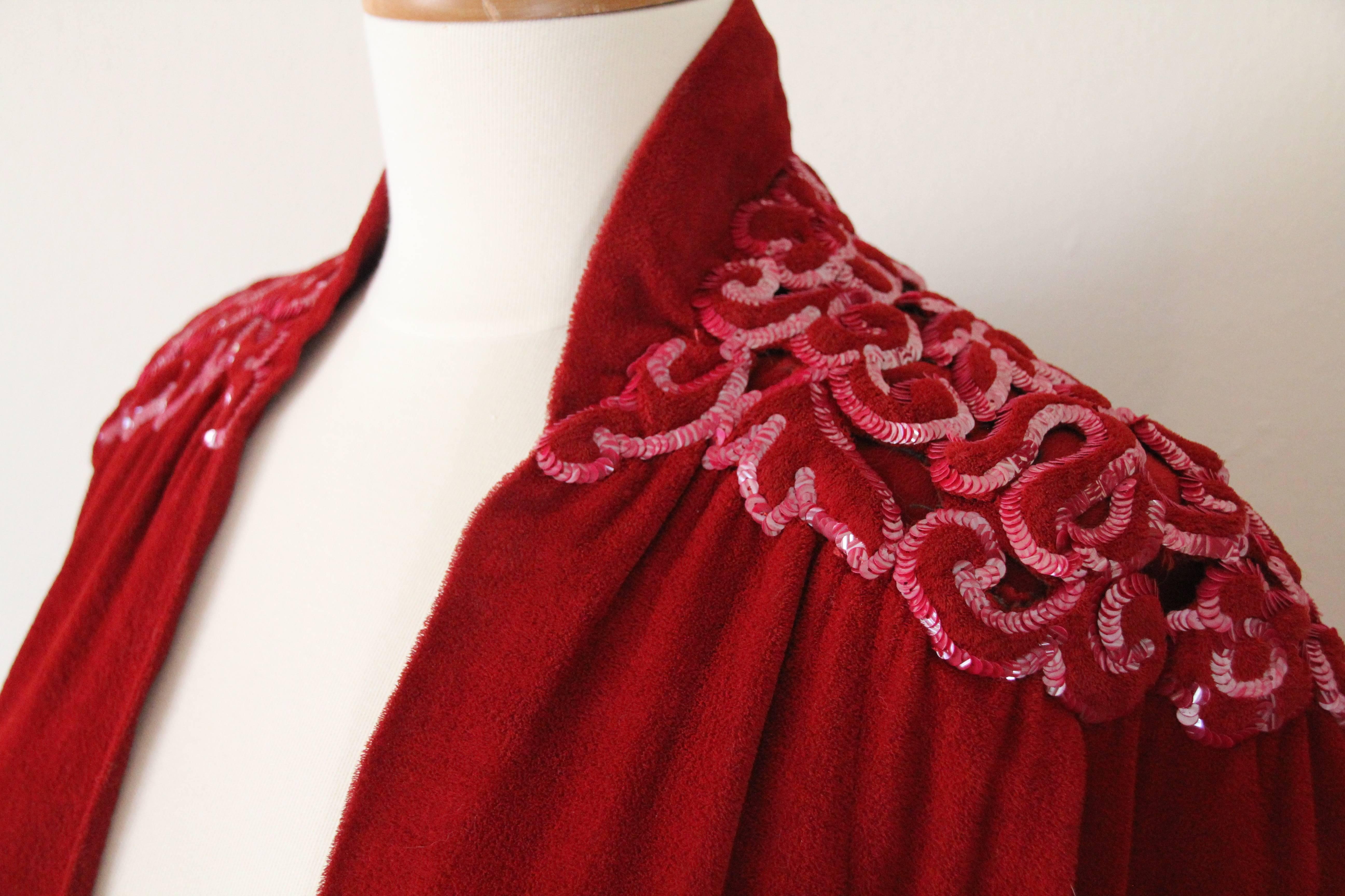 Red 1930s Crimson Velvet Couture Cape w Trapunto Stitched and Sequined Shoulders