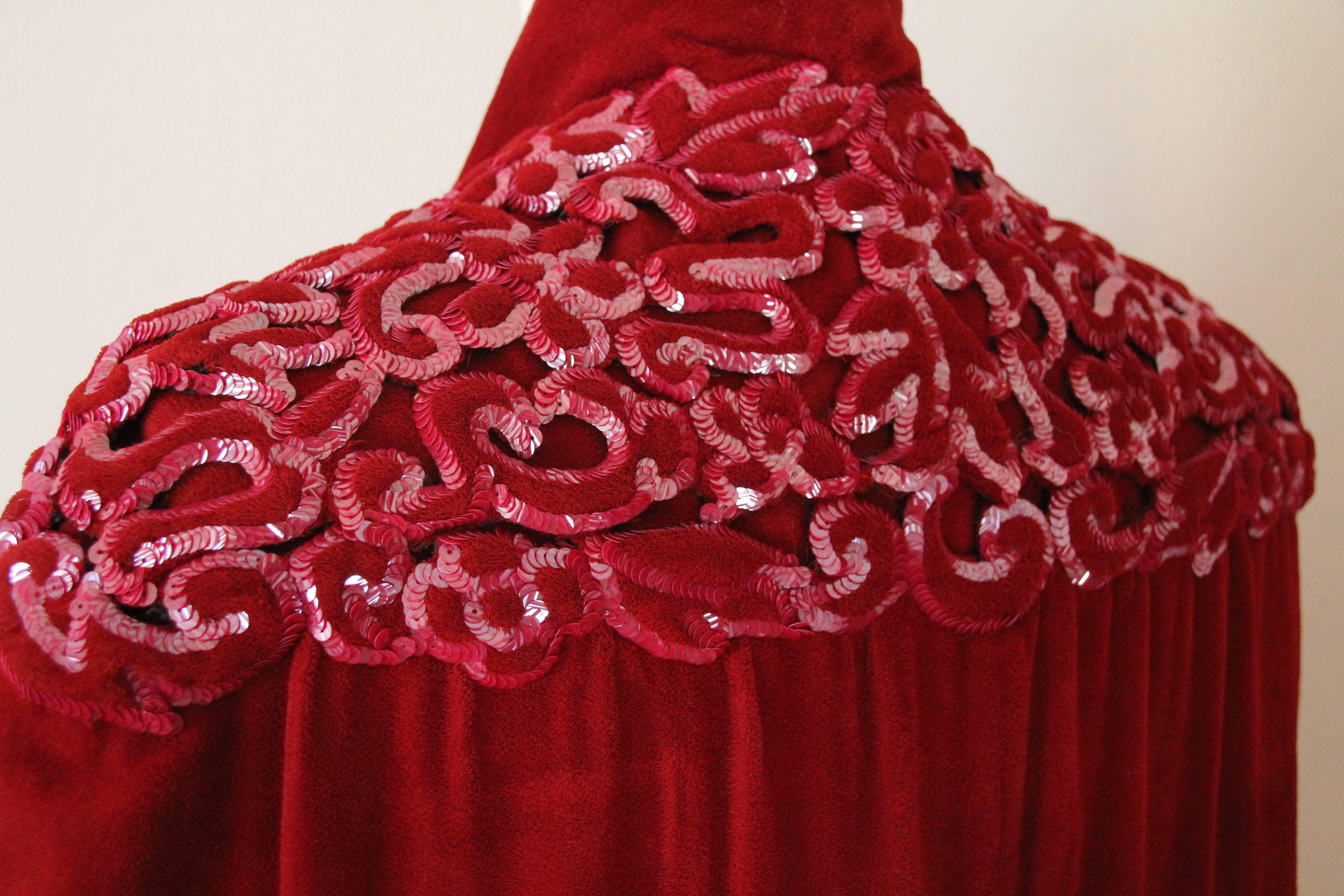Women's 1930s Crimson Velvet Couture Cape w Trapunto Stitched and Sequined Shoulders
