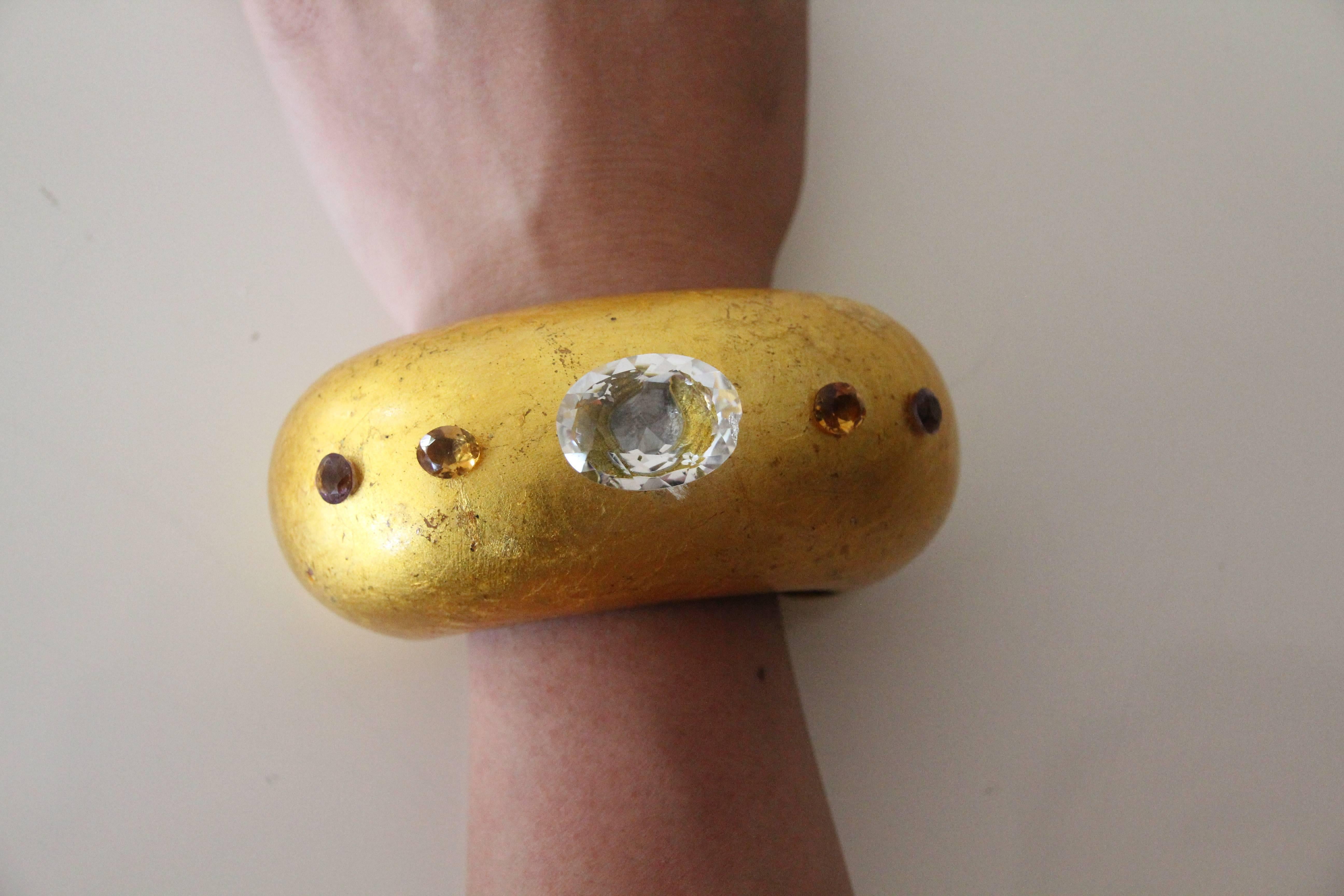 1980s Modernist Italian Gilt Wood Cuff Bracelet w Inset Crystals In Excellent Condition In Gresham, OR