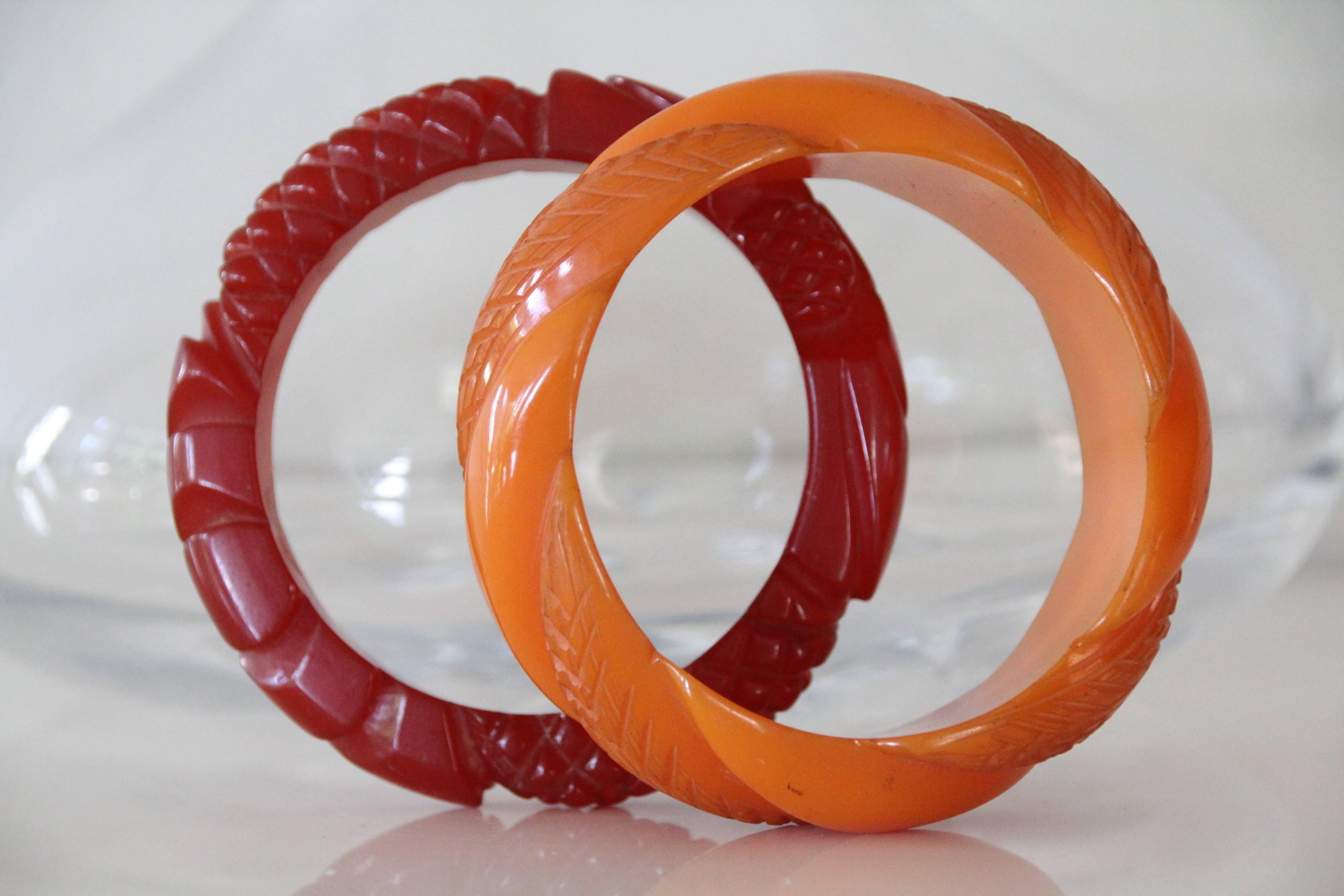 Women's 1940s Heavily Carved Butterscotch and Cinnabar -Tone Bakelite Bangles