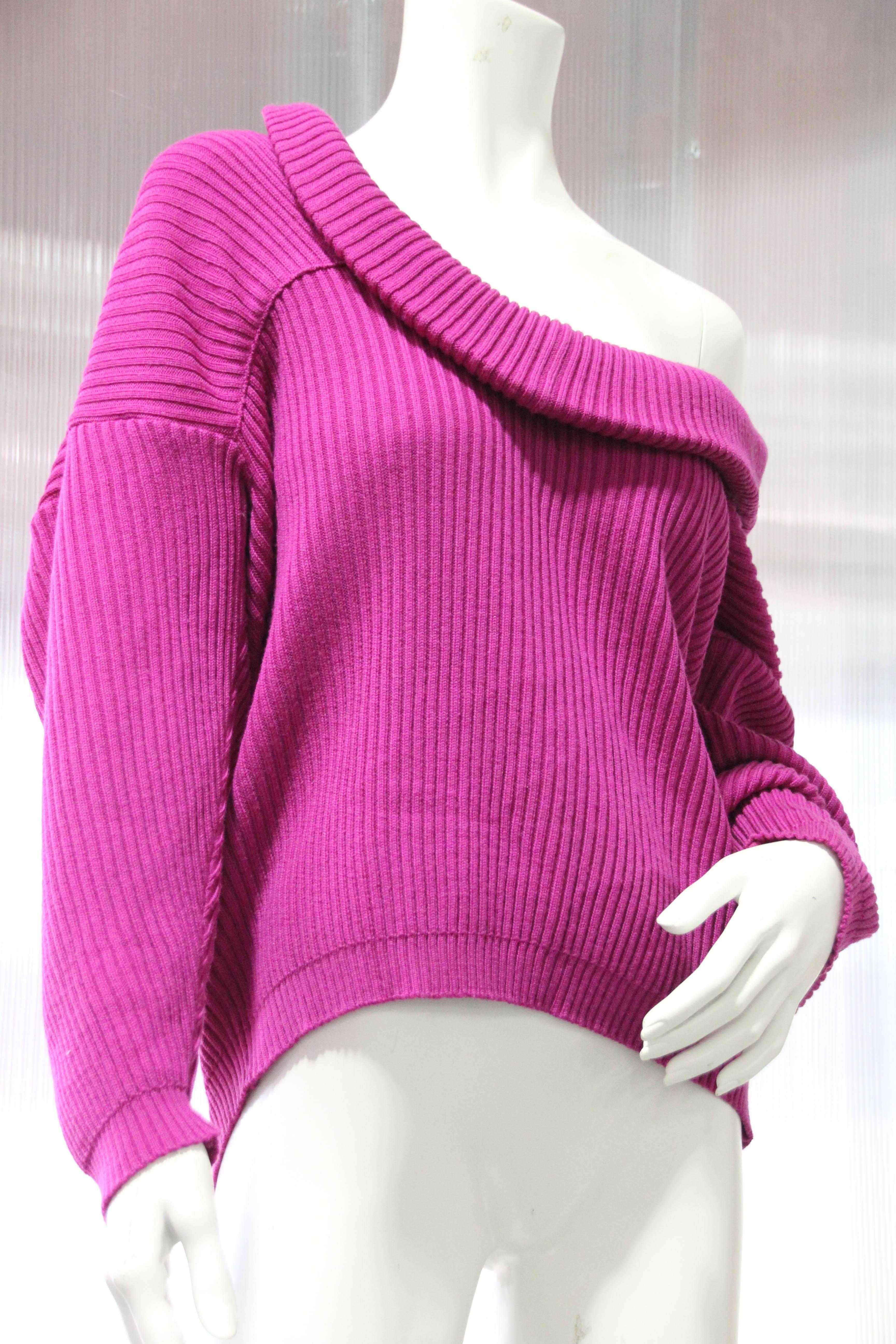1980s Gianfranco Ferre fuchsia wool rib-knit slouch-style sweater has the effect of being worn backwards.  Simple and sexy.