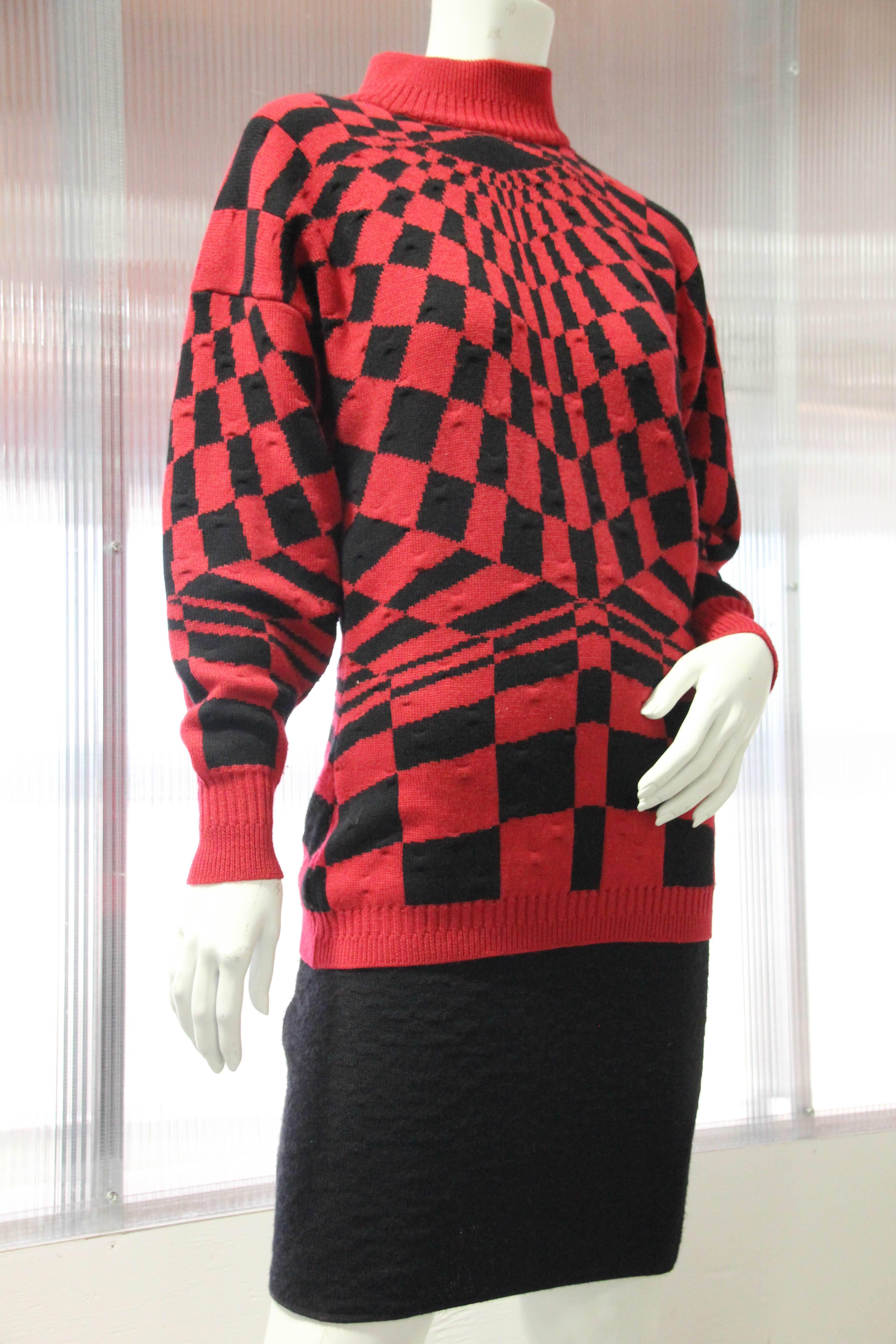 1980s Gianni Versace 3-Piece Knit Skirt Sweater & Scarf in Mod Red Checkerboard 3