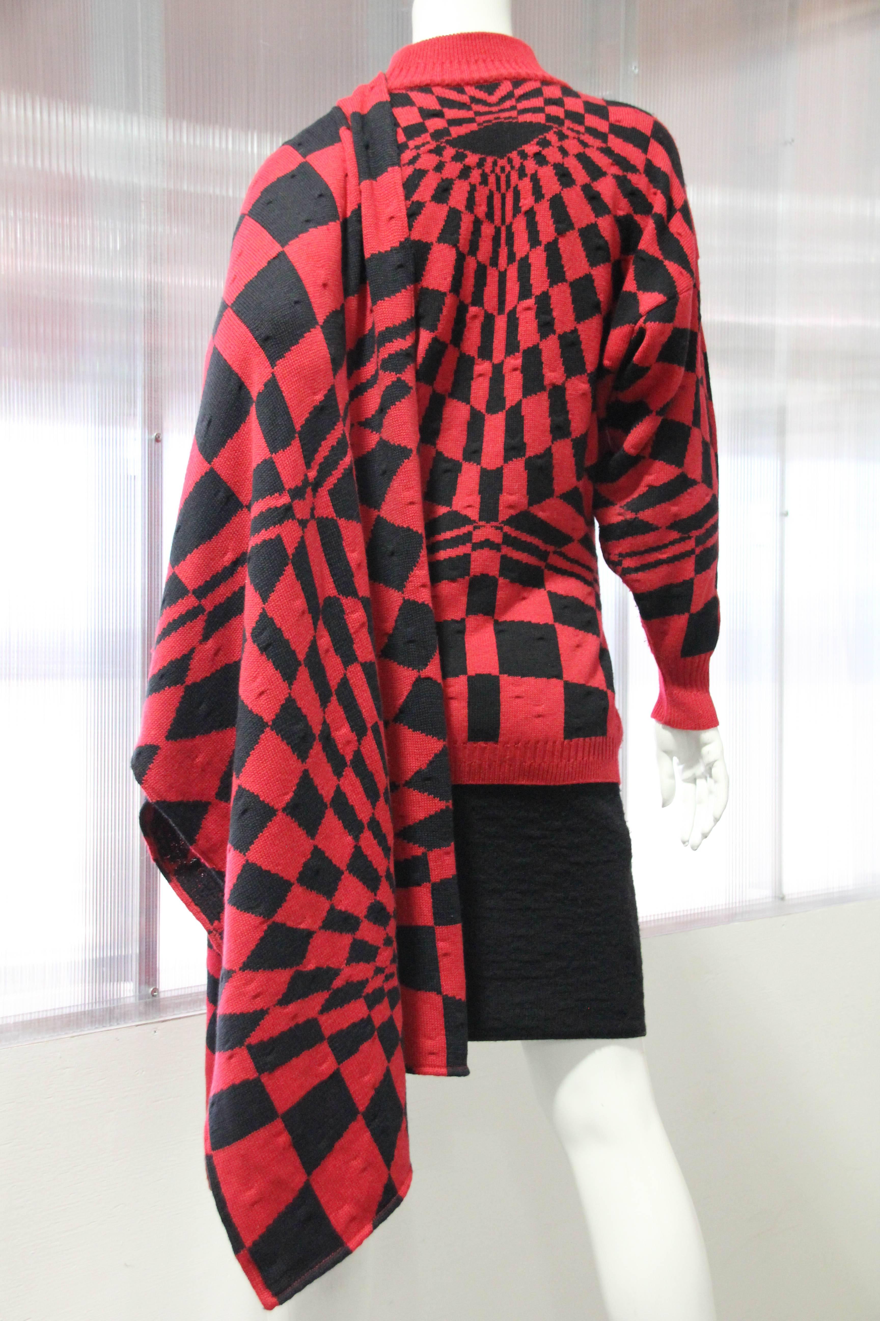 1980s Gianni Versace 3-Piece Knit Skirt Sweater & Scarf in Mod Red Checkerboard 1