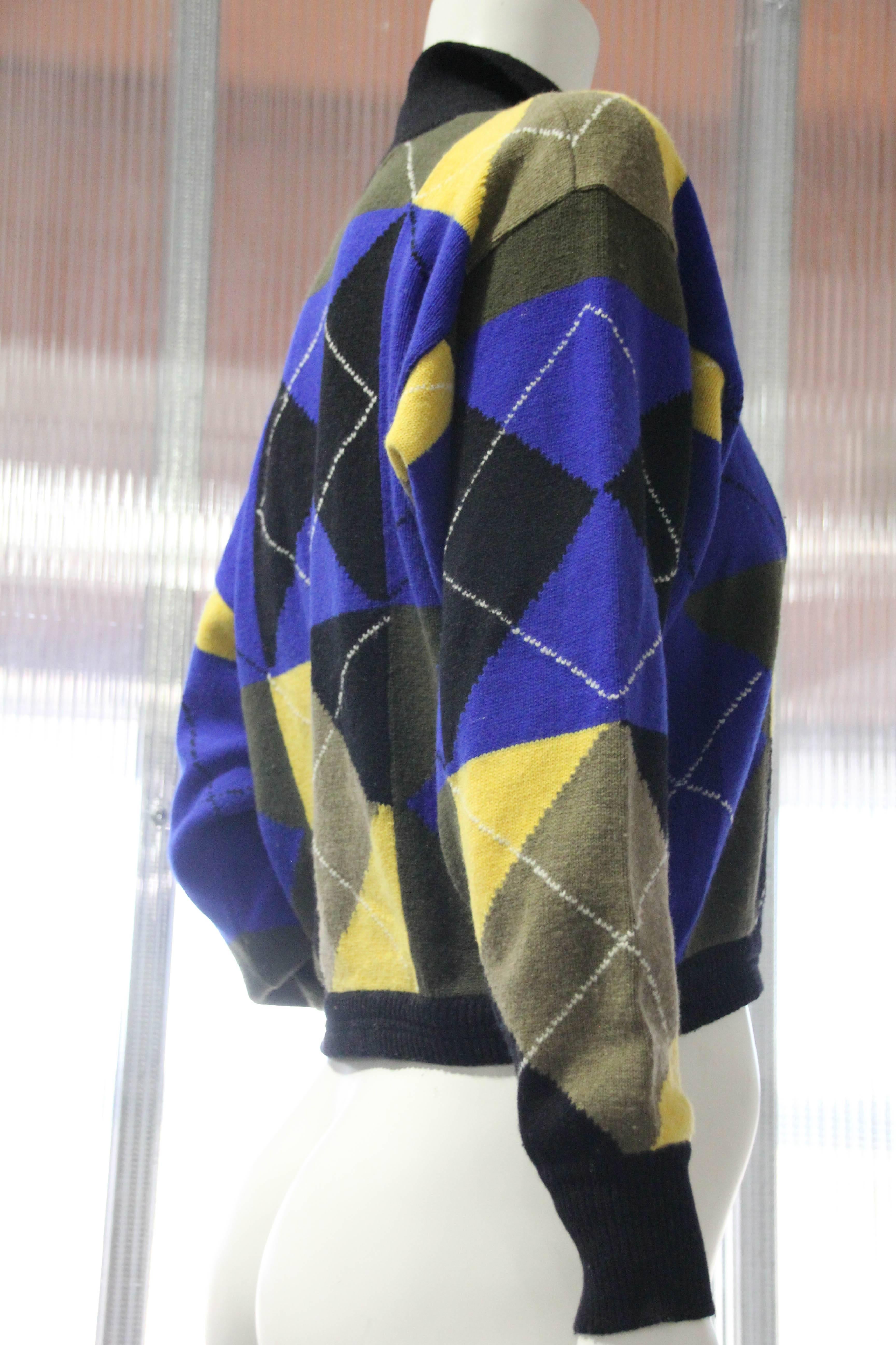 Women's 1980s Gianni Versace Cropped Wool Argyle Polo Sweater
